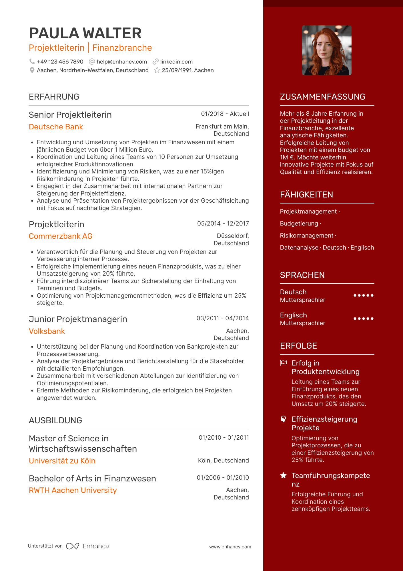 Lebenslauf in Projektleiter in der Finanzbranche Resume Example