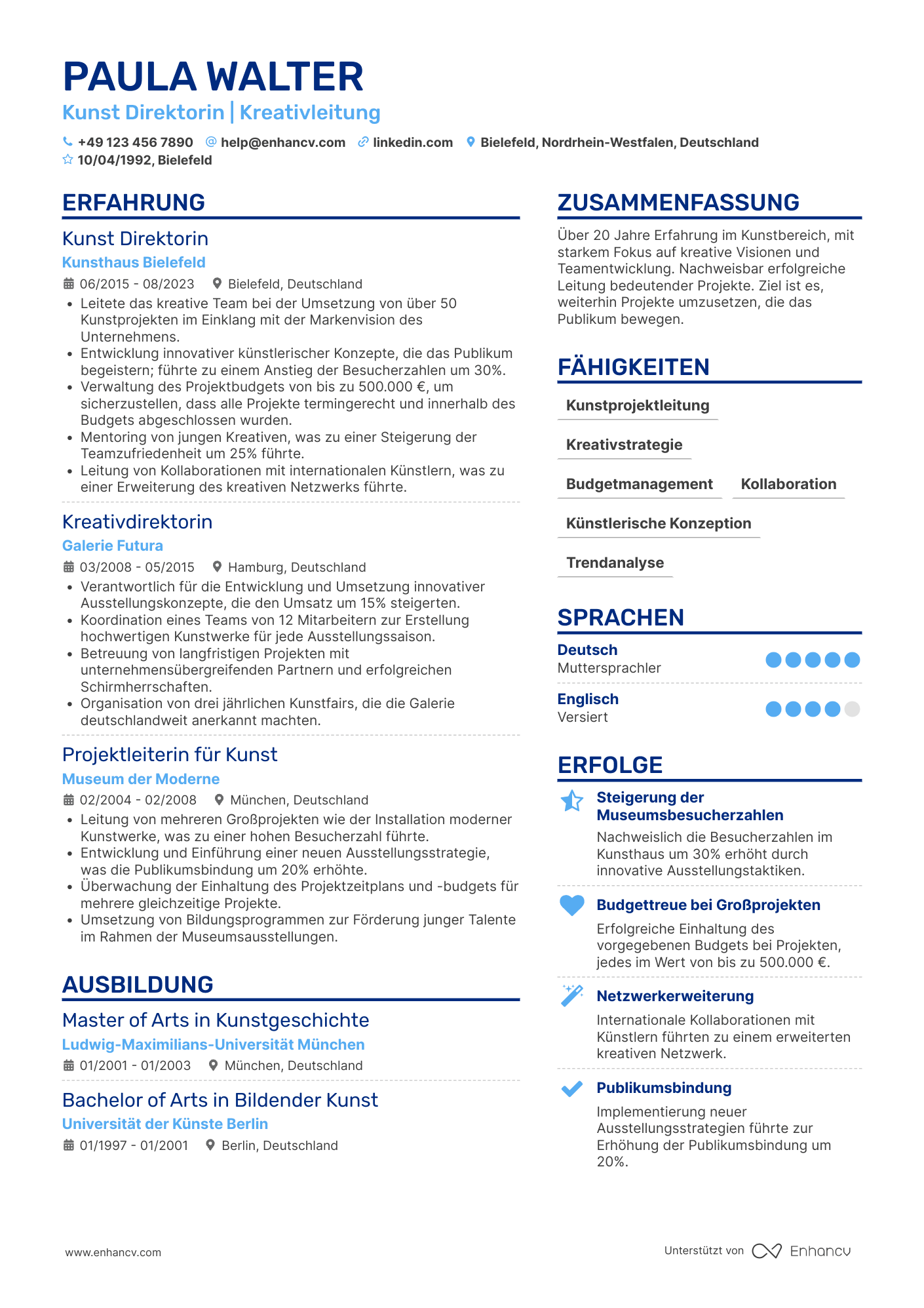 Lebenslauf als Kunst Direktor mit 20 Jahren Erfahrung Resume Example