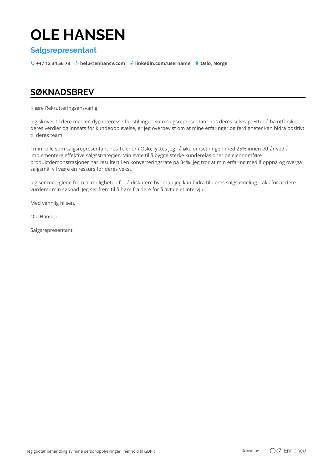 Søknadsbrev for Nyutdannede Salgsrepresentant Resume Example