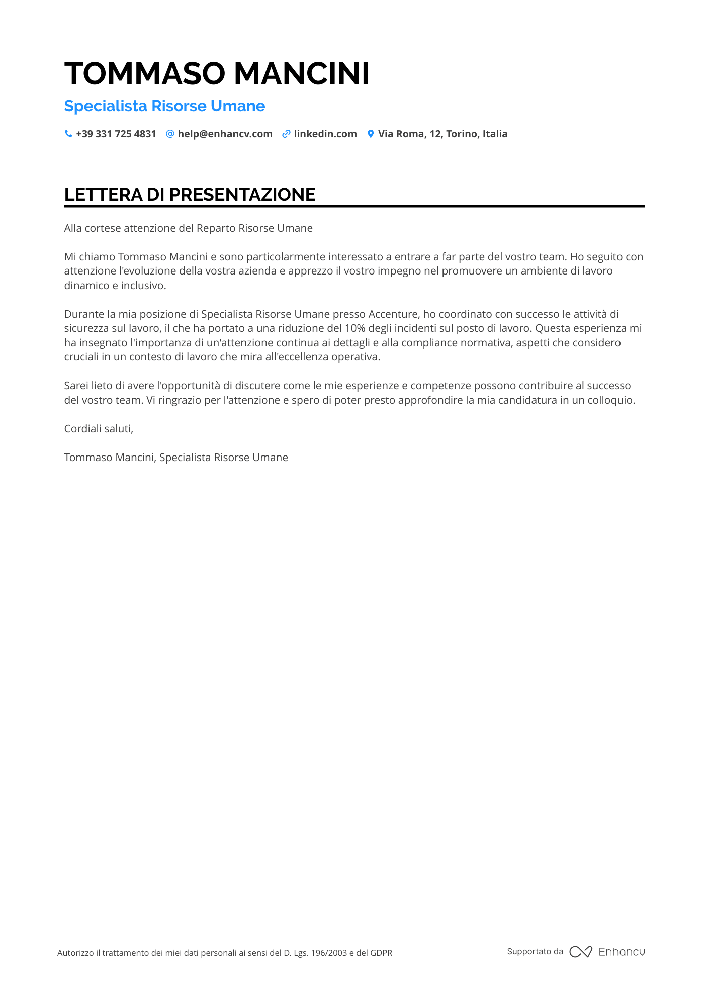 Specialista in Risorse Umane Resume Example