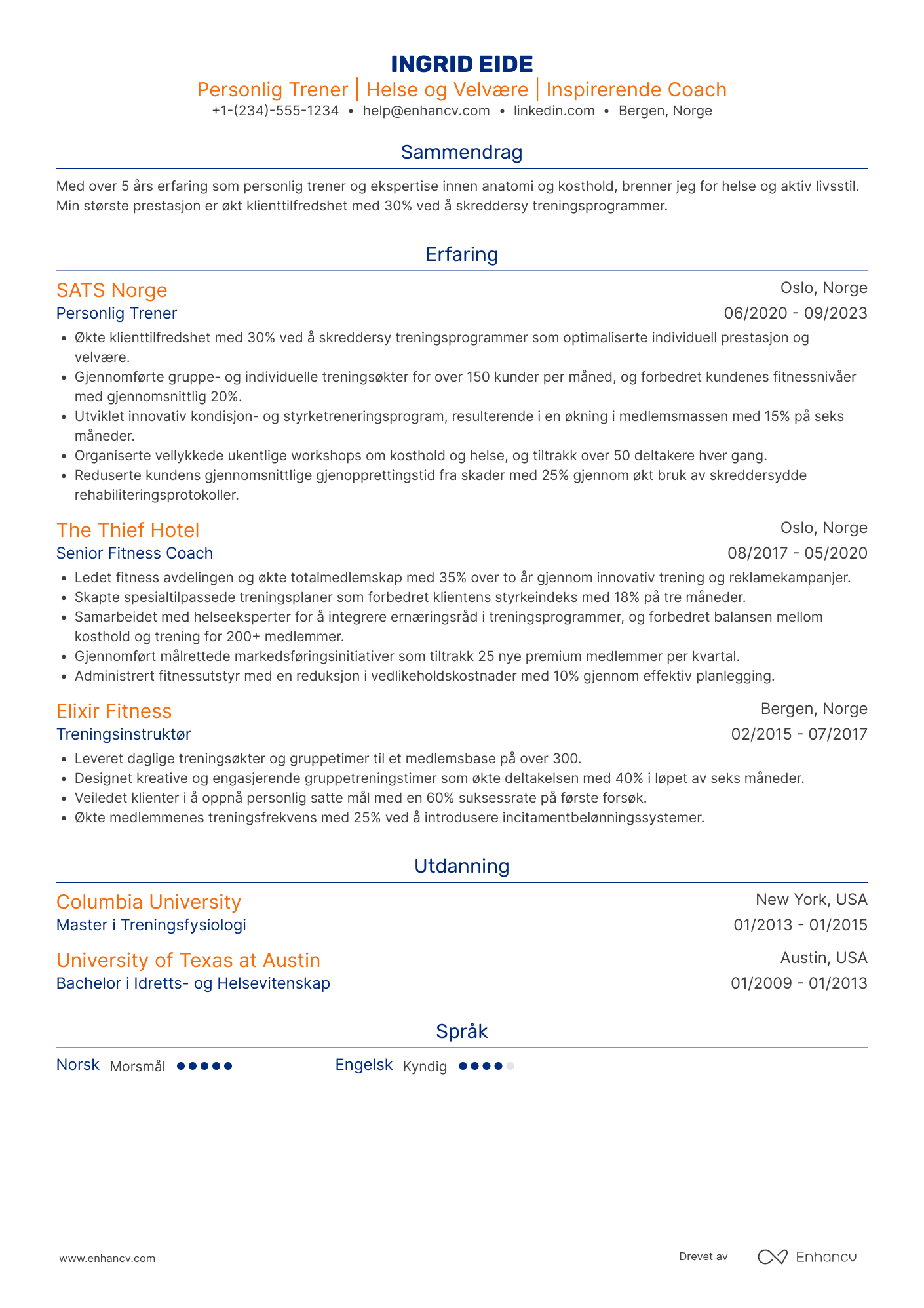 CV for Personlig trener i spa resort Resume Example