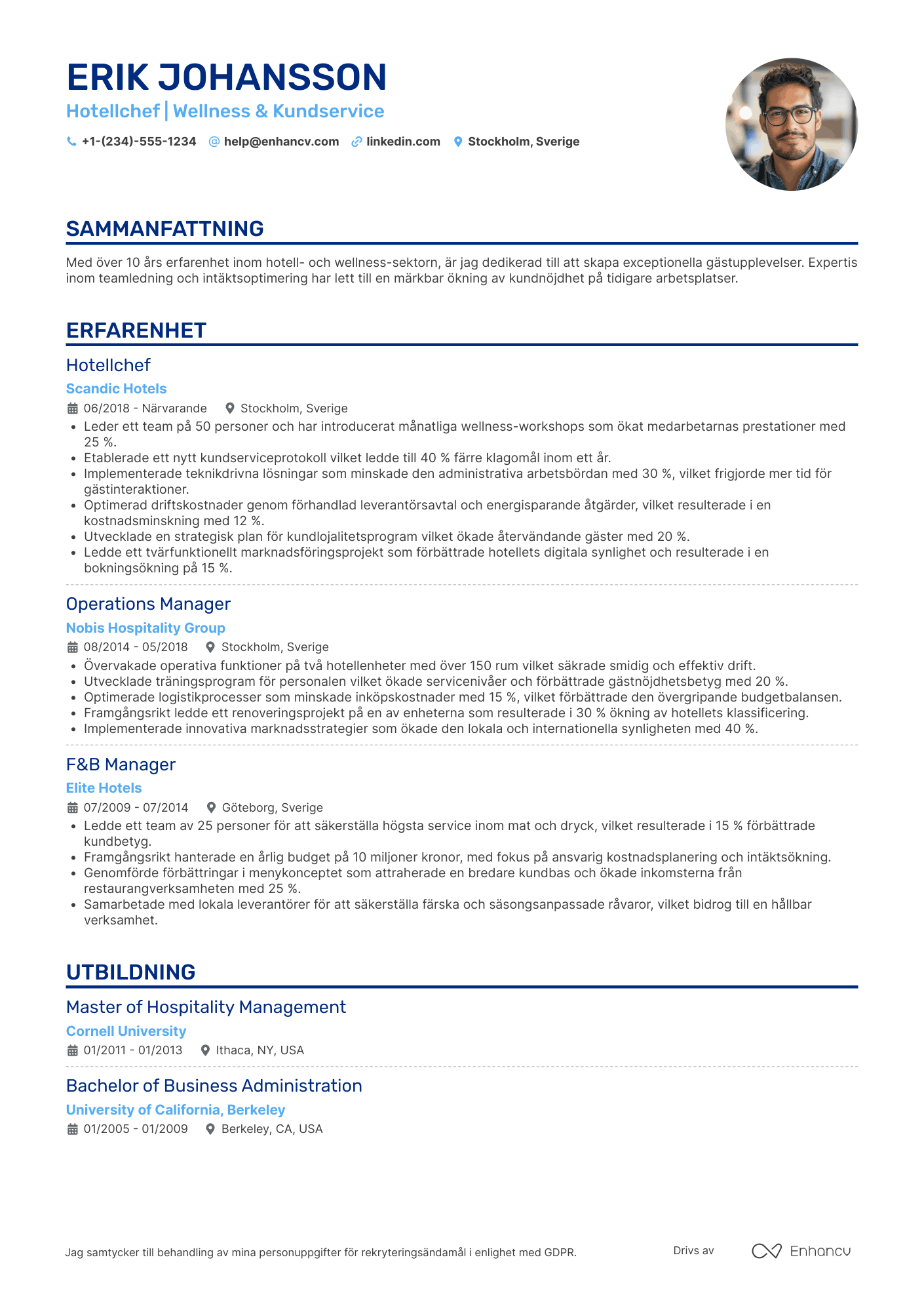 CV för Hotellchef hälso  och välbefinnande Resume Example