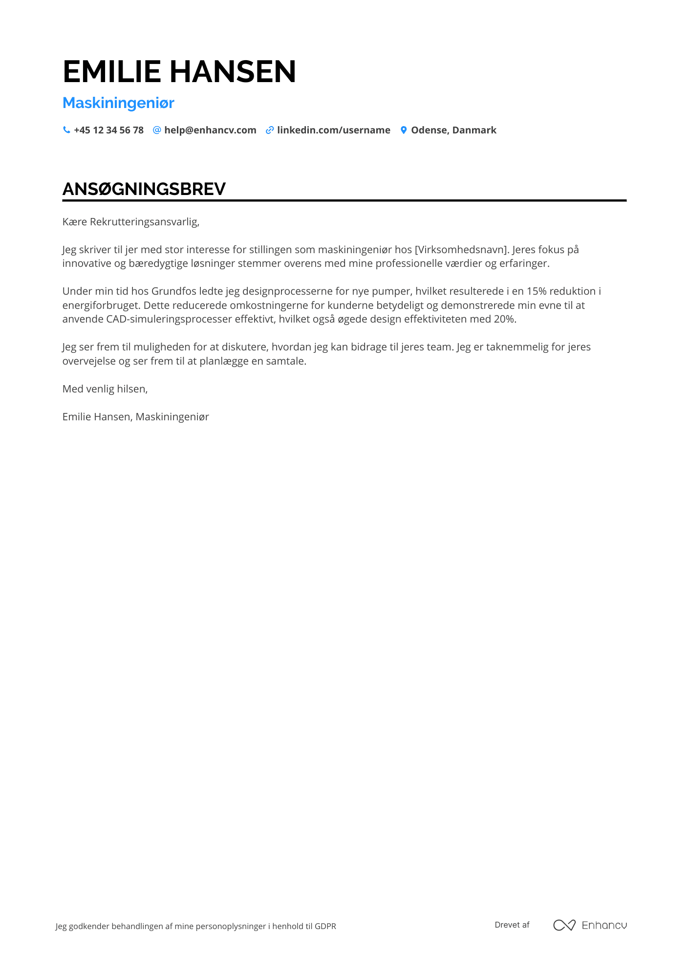 Ansøgningsbrev til Maskiningeniør – Produktudvikling Resume Example