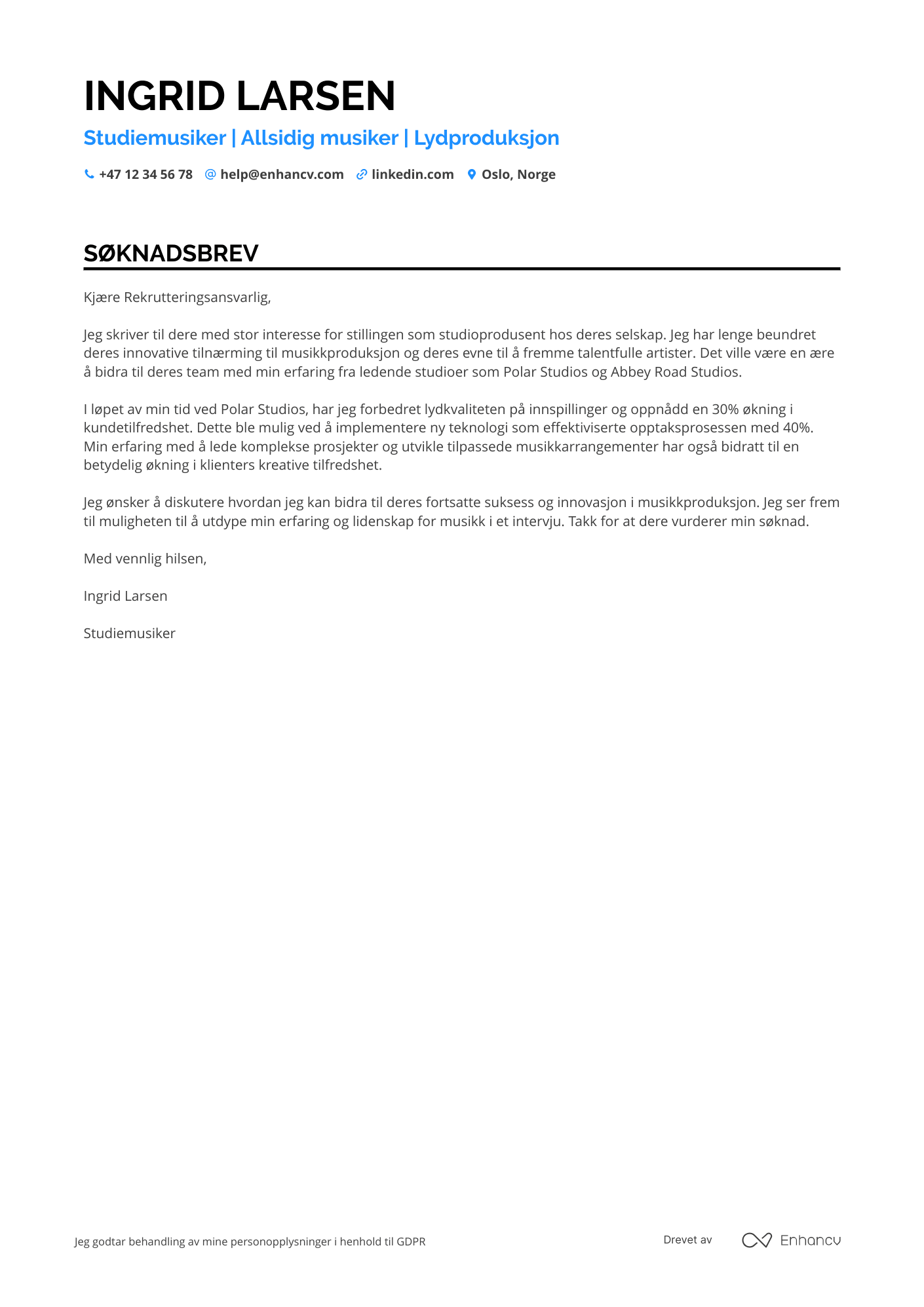 Søknadsbrev for Studiomusiker Resume Example