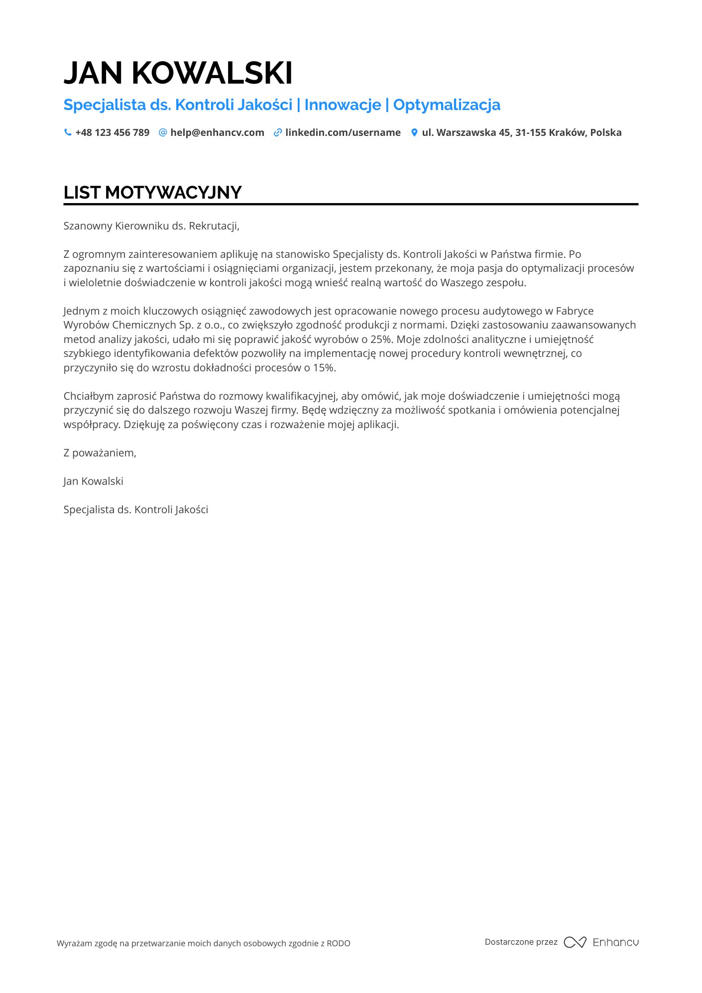 List motywacyjny dla Pracownik Produkcji Kontrola Jakości Resume Example