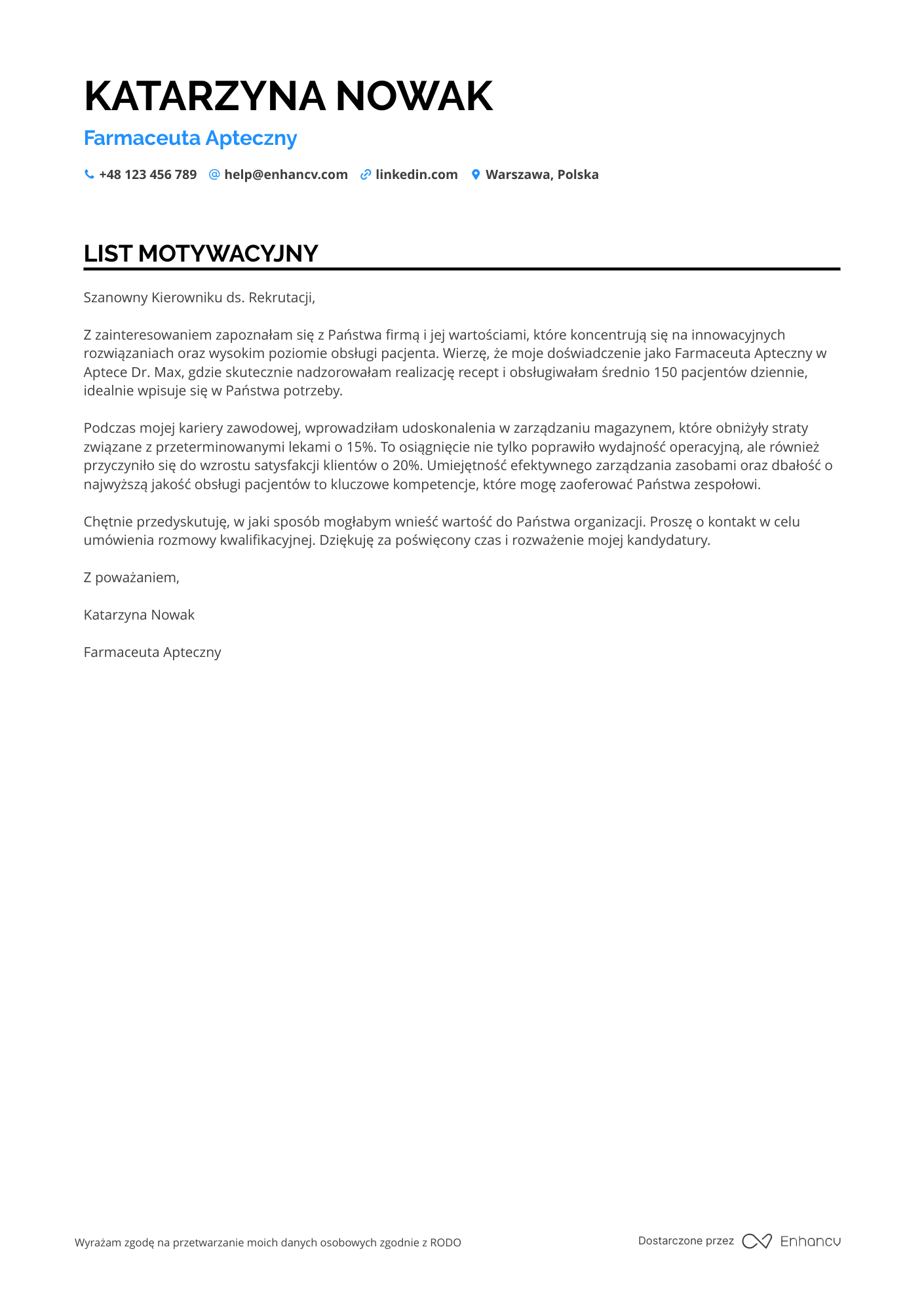 List motywacyjny dla Farmaceuta Apteczny Resume Example