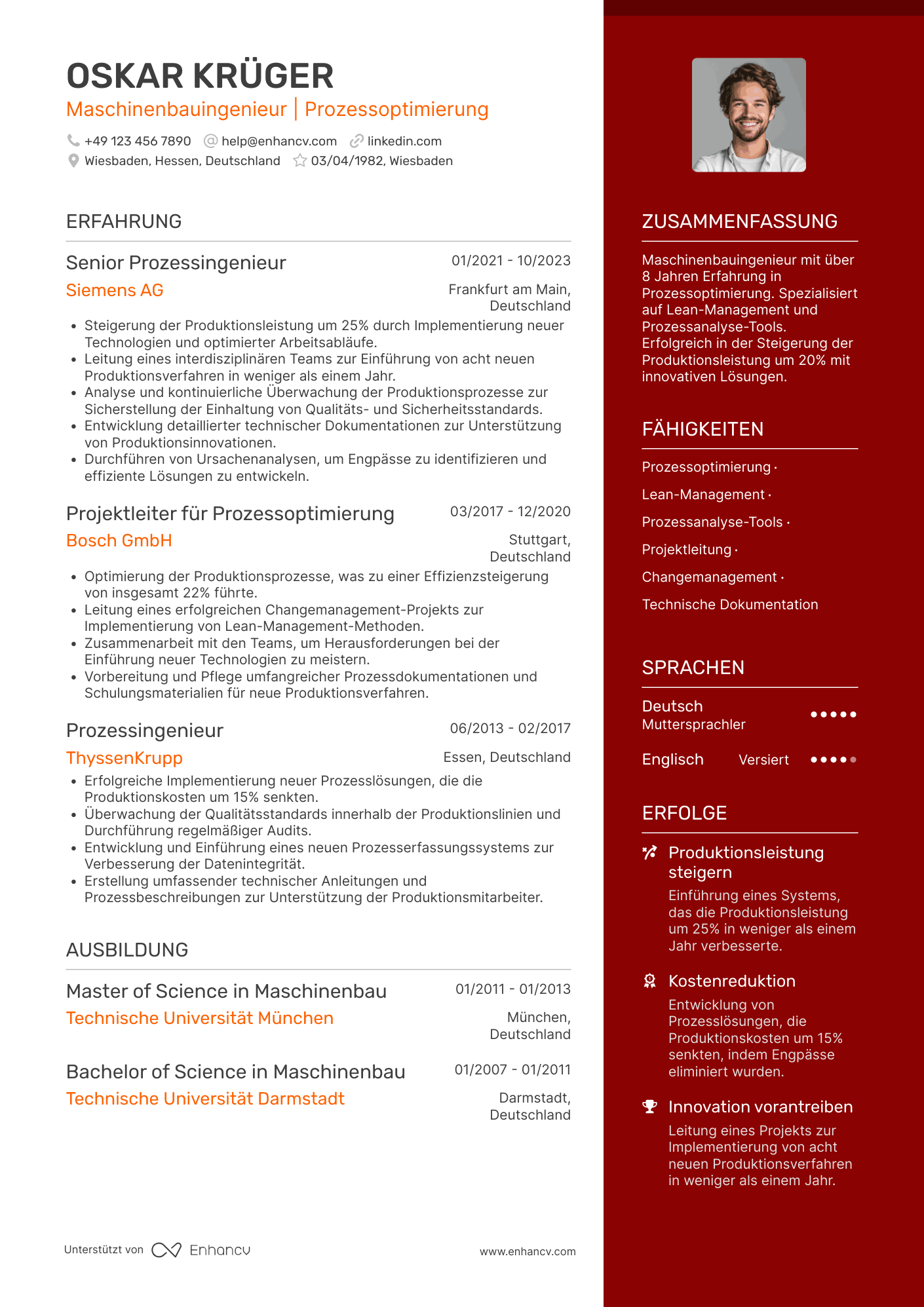 Lebenslauf als Maschinenbauingenieur für Prozessoptimierung Resume Example