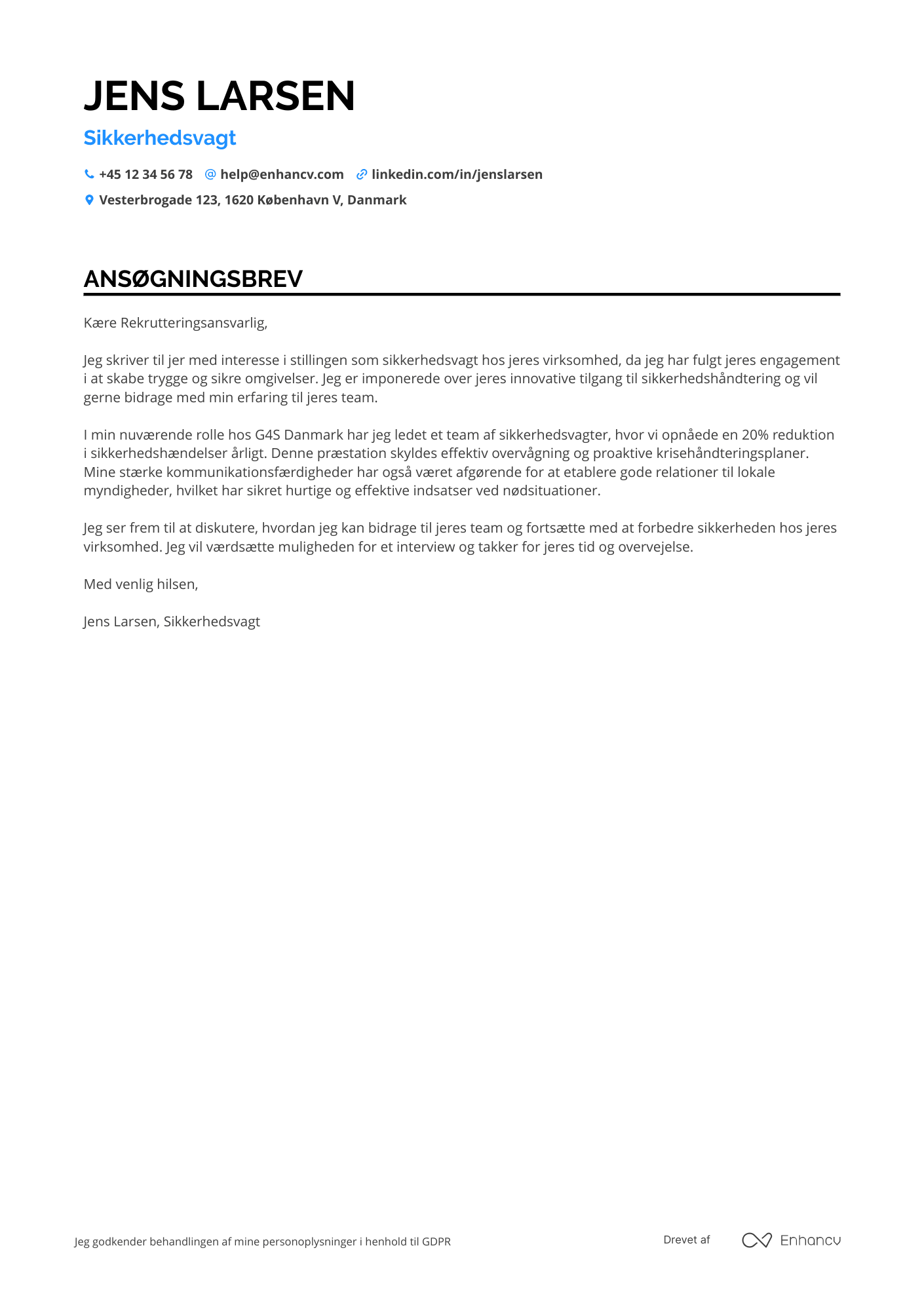 Ansøgningsbrev til Sikkerhedsvagt i beredskab Resume Example
