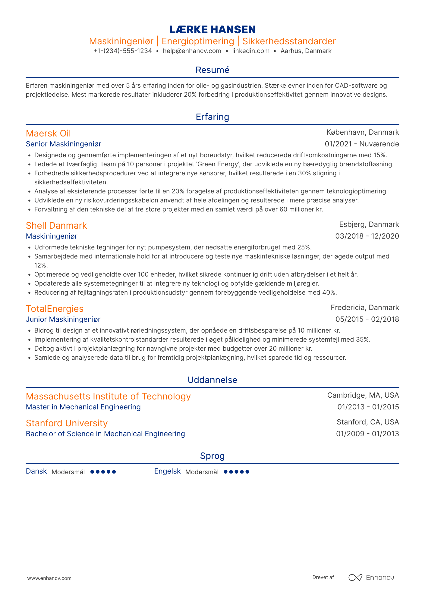 CV til Maskiningeniør i olie  og gasindustrien Resume Example