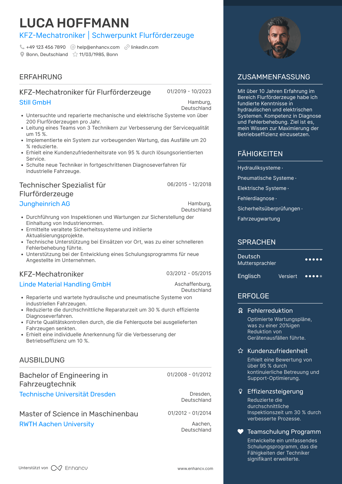 Lebenslauf als KFZ Mechatroniker für Flurförderzeuge Resume Example