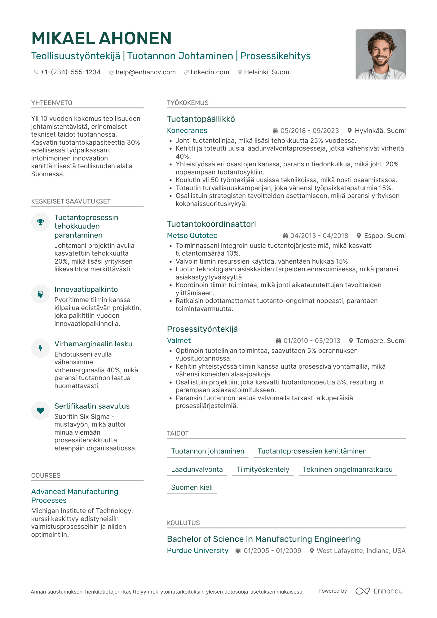 Ansioluettelo Teollisuustyöntekijä Tuotantopäällikkö Resume Example