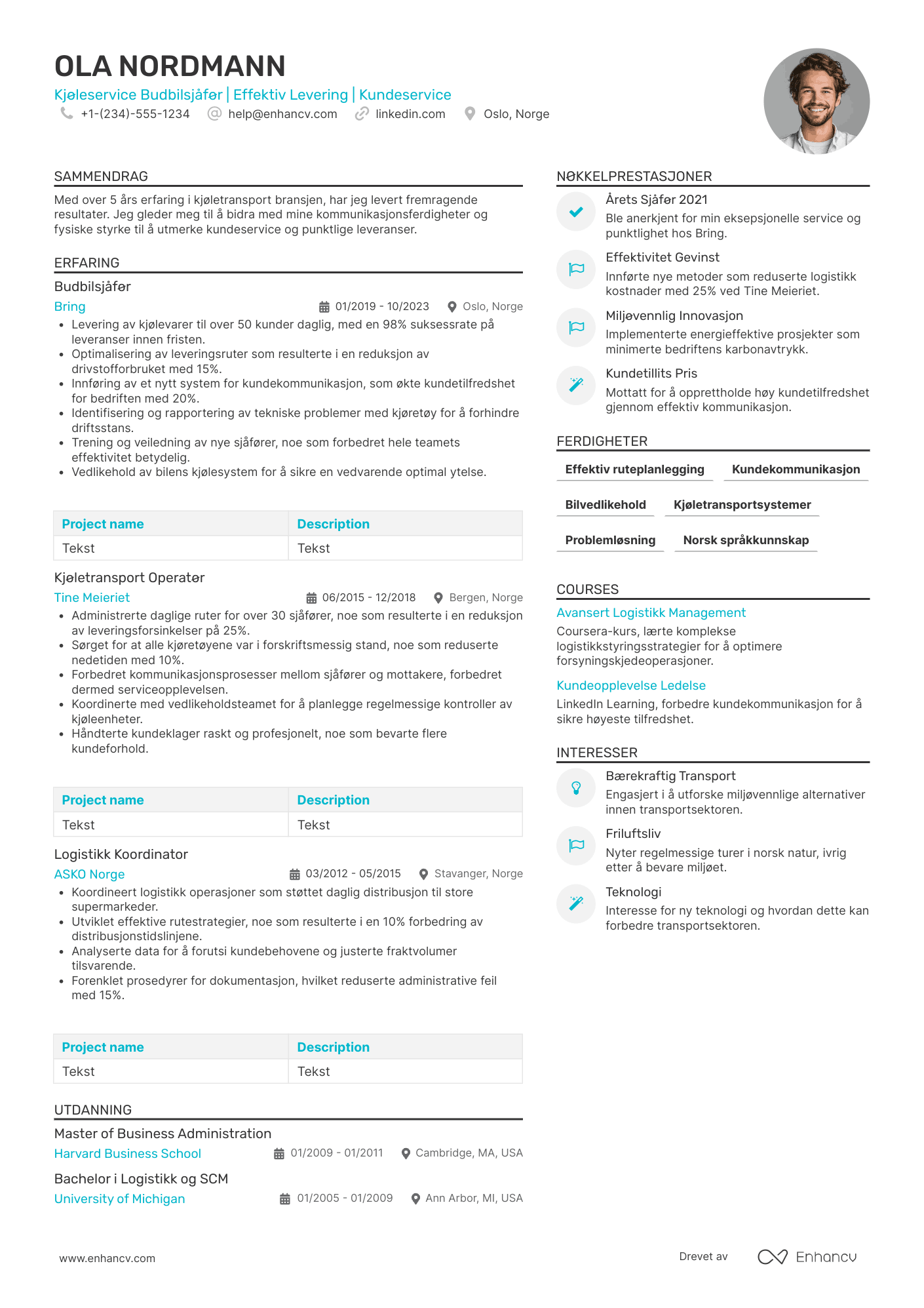 CV for Kjøleservice Budbilsjåfør Resume Example