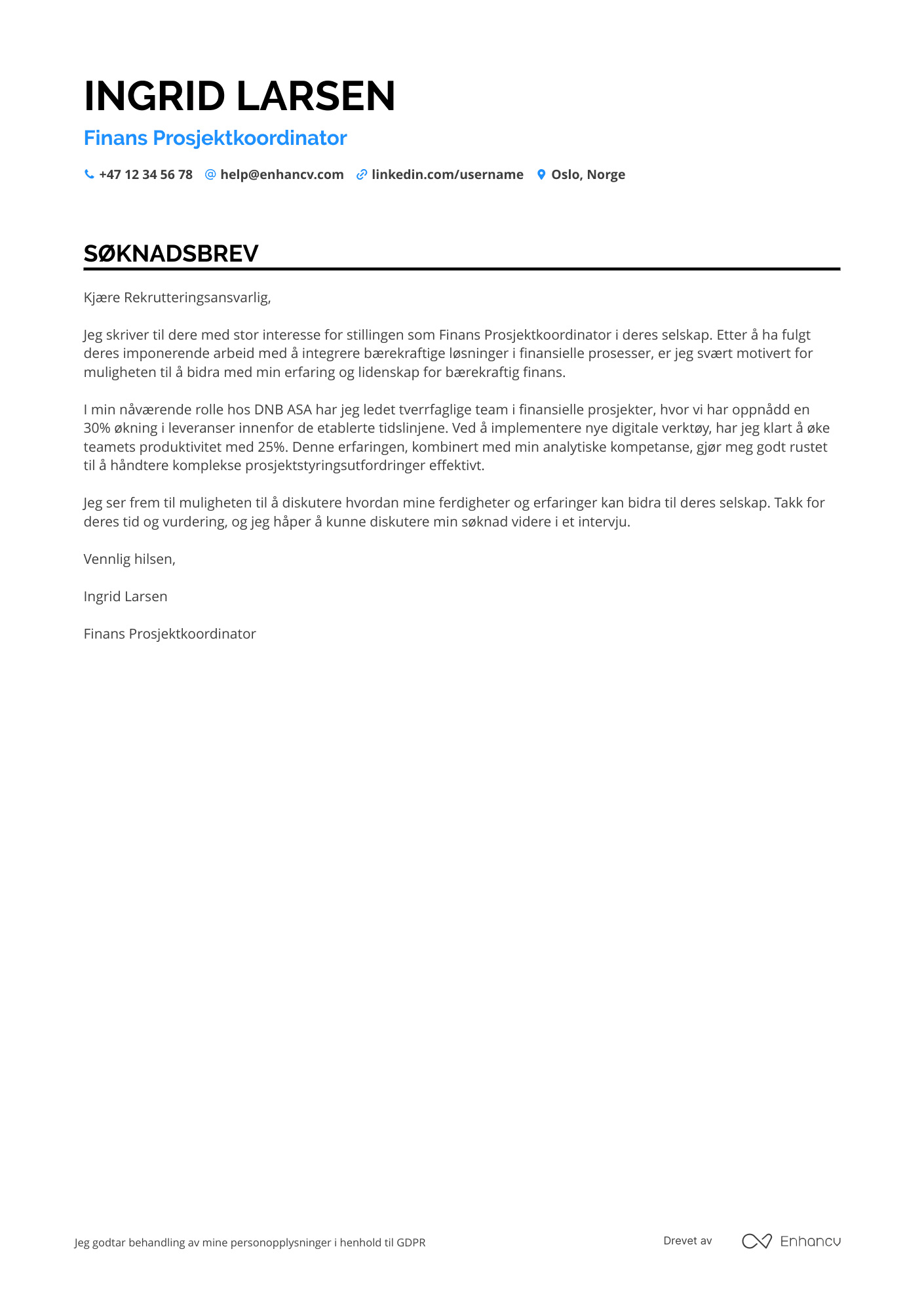 Søknadsbrev for Finans Prosjektkoordinator Resume Example