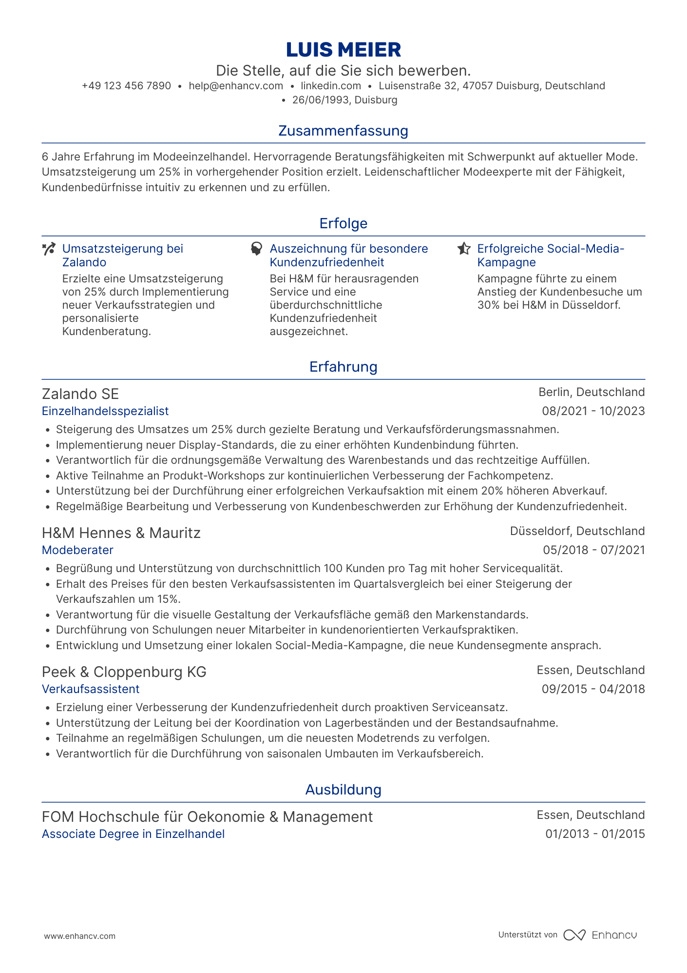Lebenslauf in Einzelhandelsspezialist für Mode Resume Example