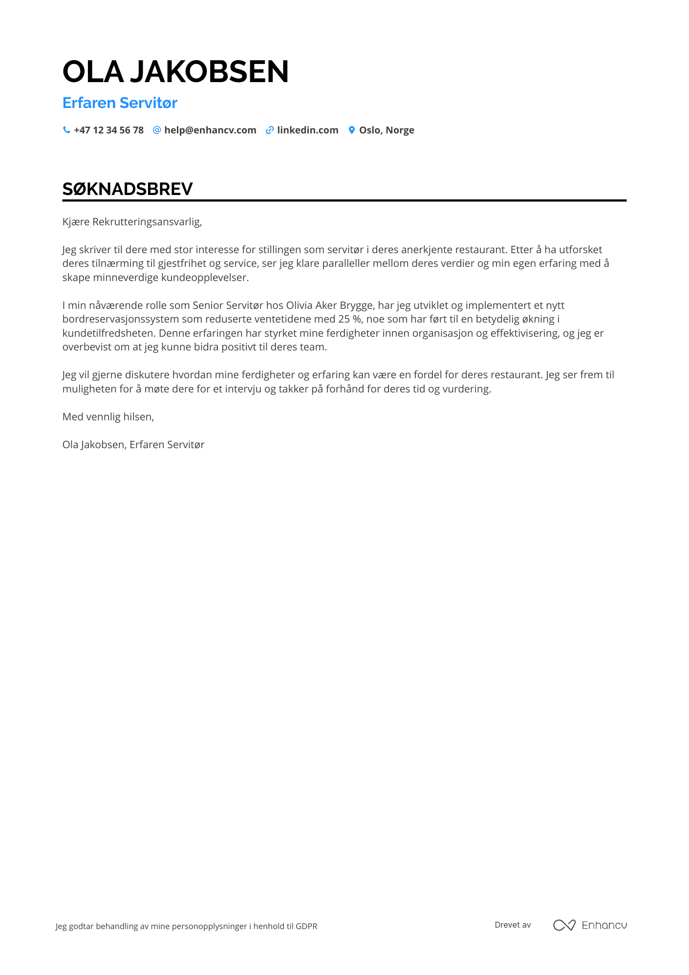 Søknadsbrev for Restaurantmedarbeider Servitør Resume Example