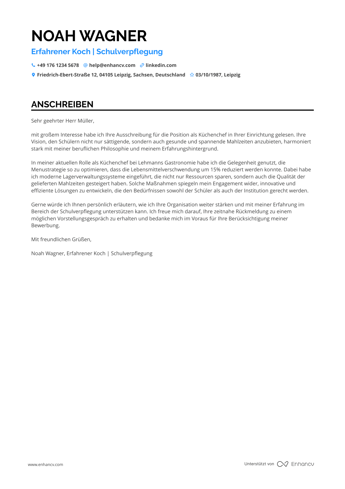 Koch in einer Schulkantine Resume Example