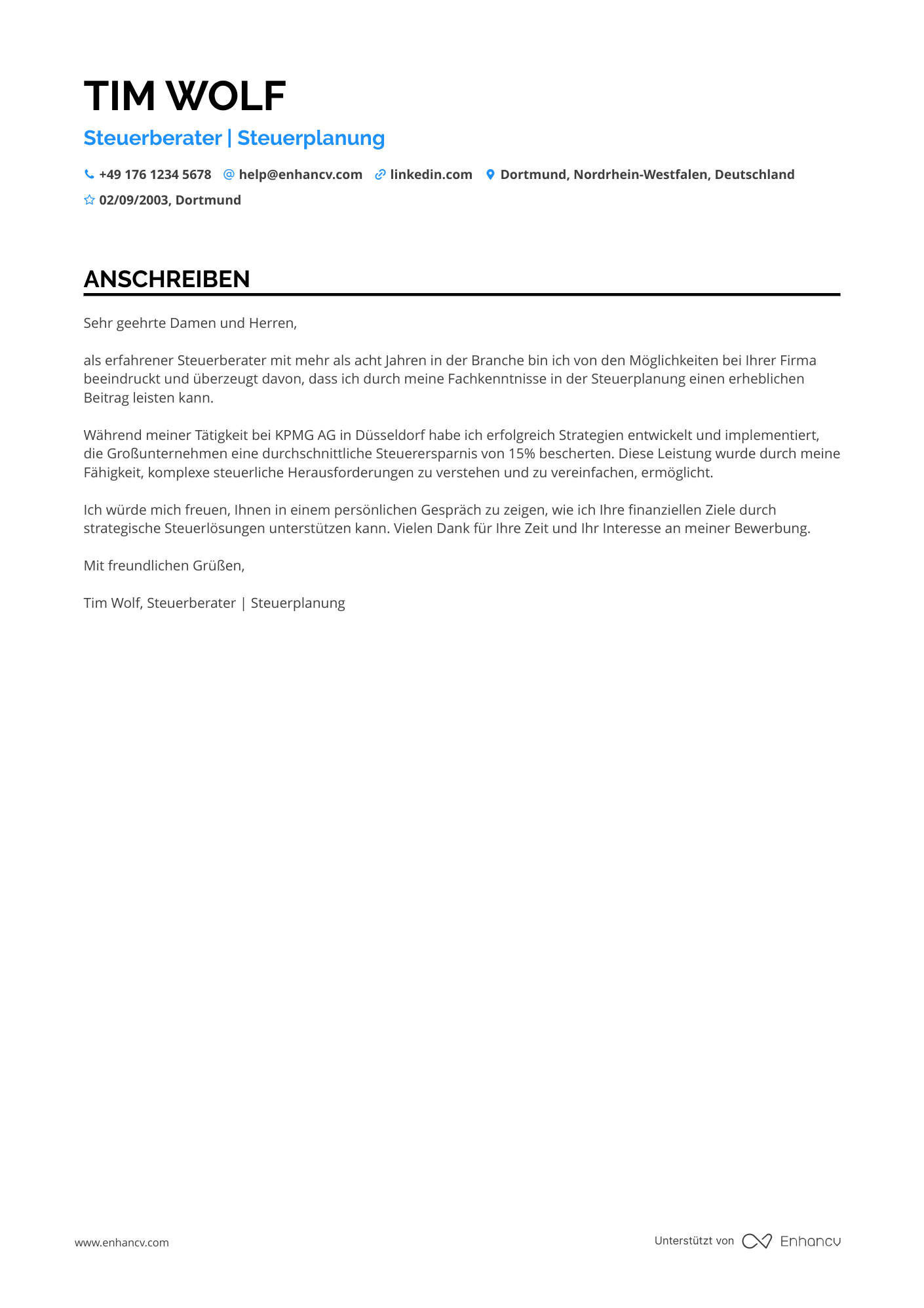 Steuerberater für Steuerplanung Resume Example