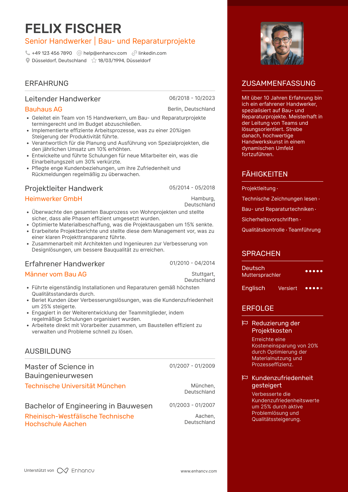 Lebenslauf als Senior Handwerker Resume Example
