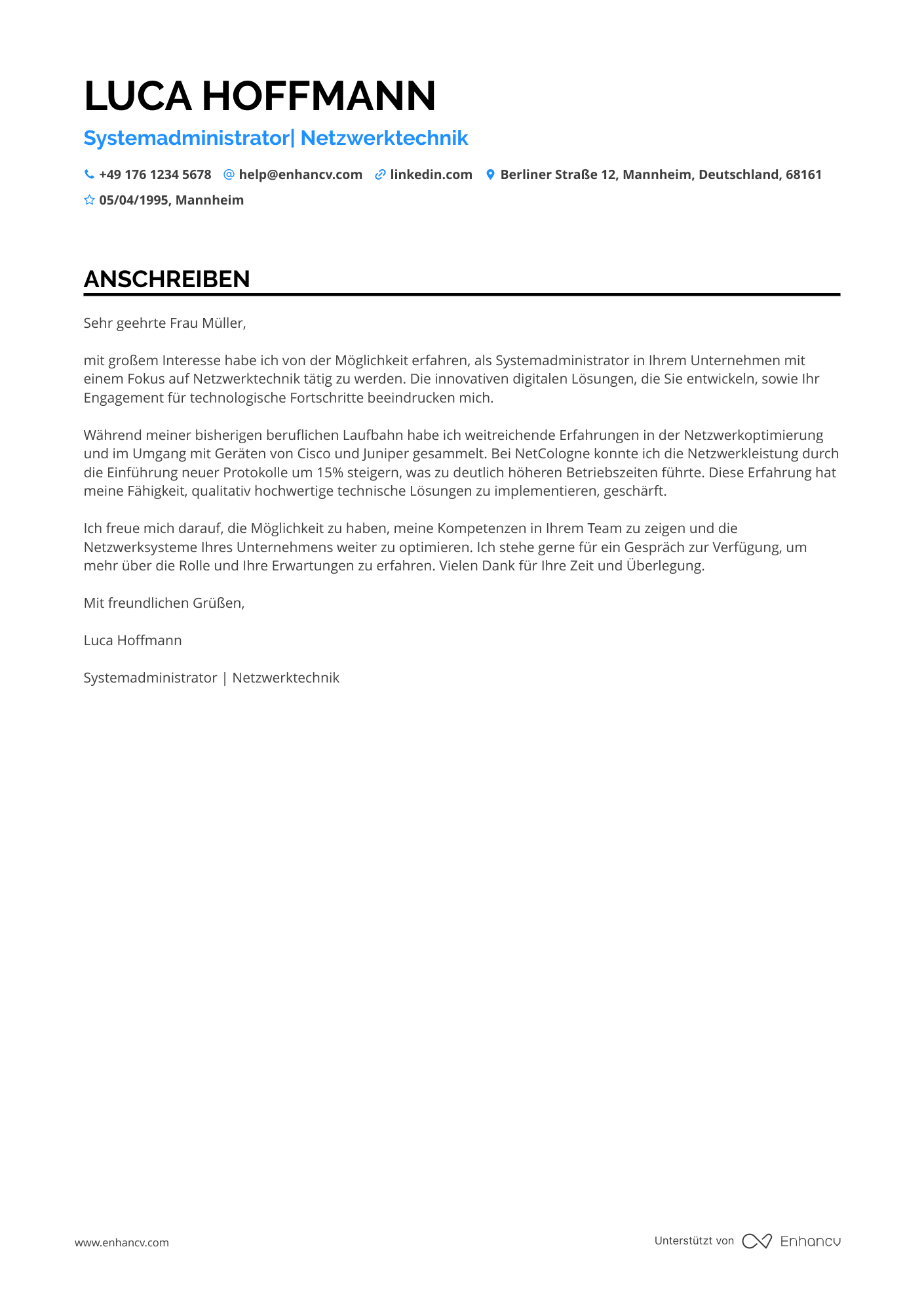 Systemadministrator für Netzwerktechnik Resume Example