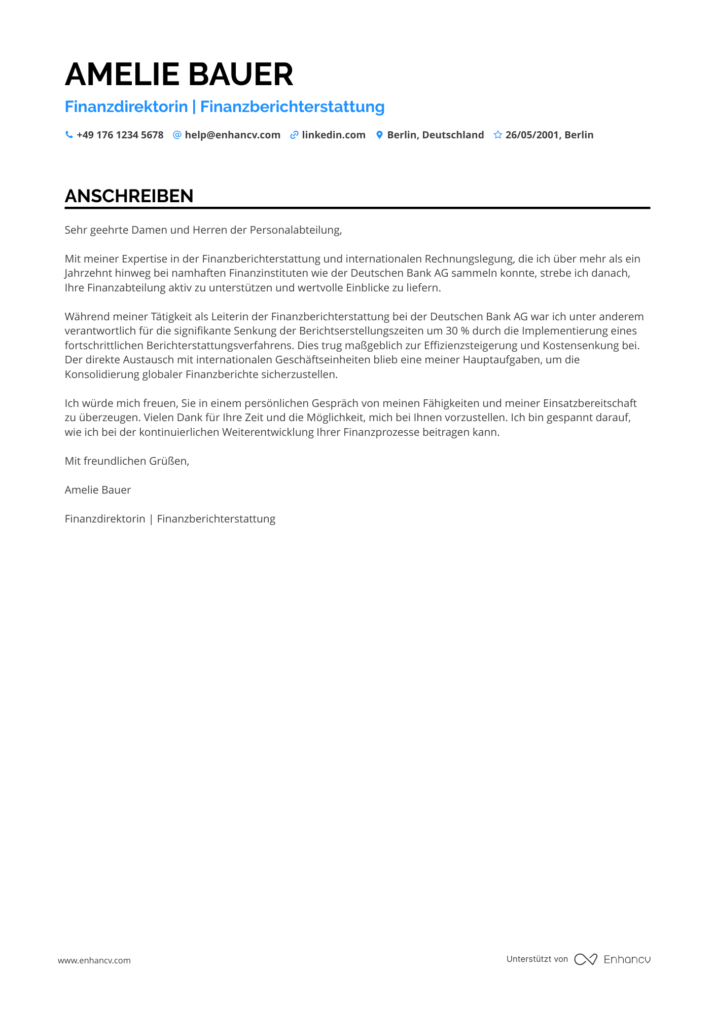Finanzvorstand für Finanzberichterstattung Resume Example