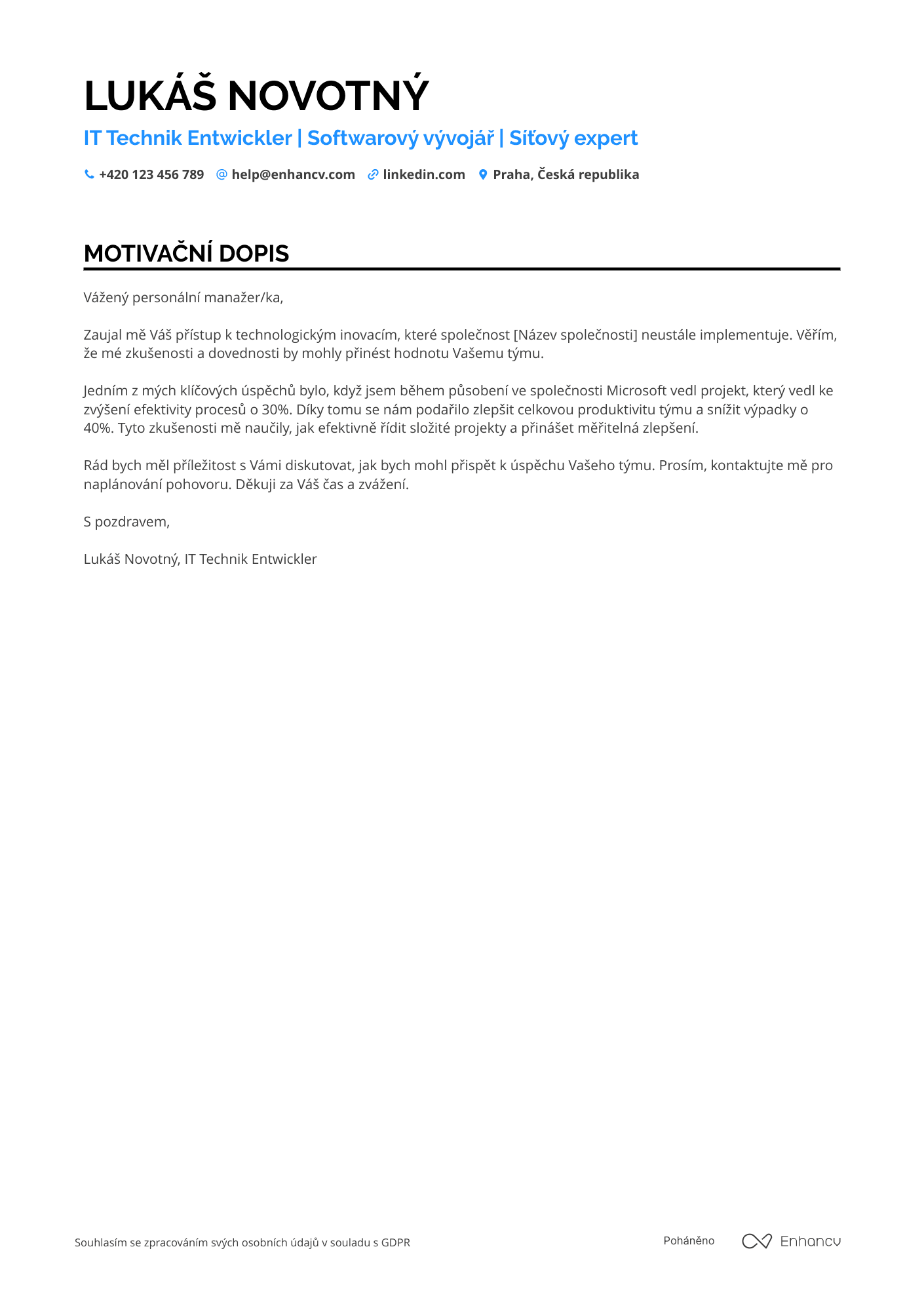 Motivační dopis pro IT Technik Entwickler Resume Example