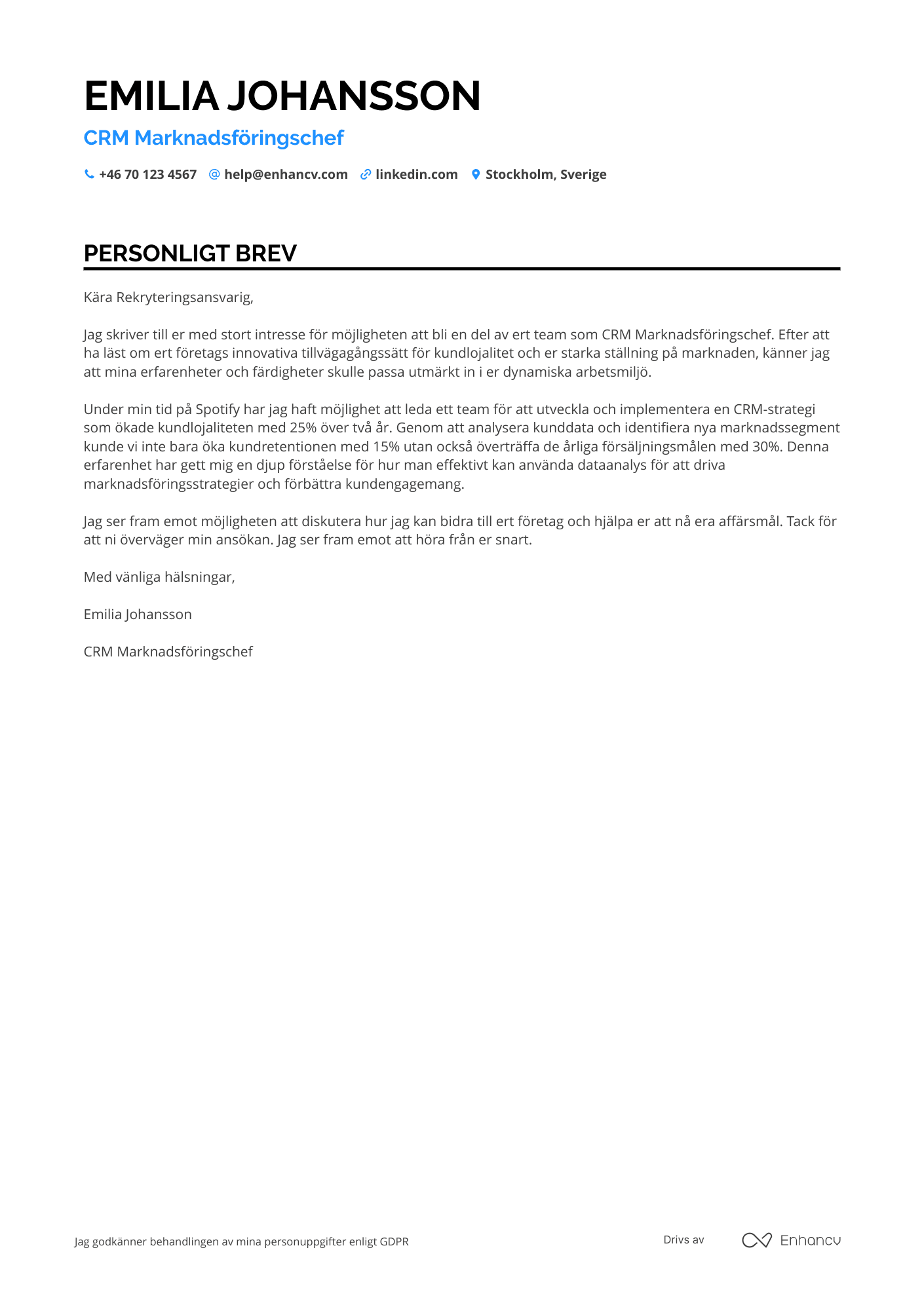 Personligt brev för CRM Marknadsföringschef Resume Example