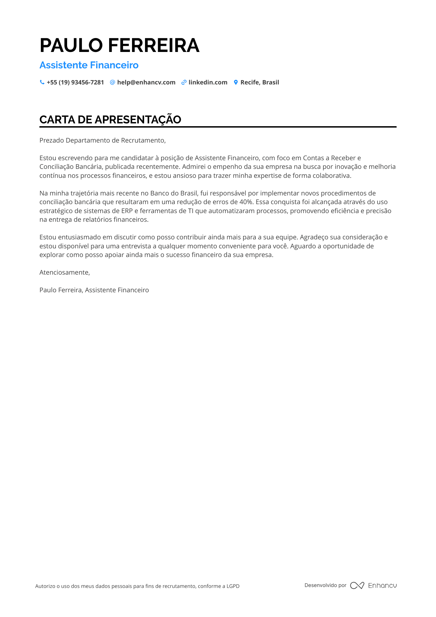 Auxiliar Administrativo em Saúde Resume Example