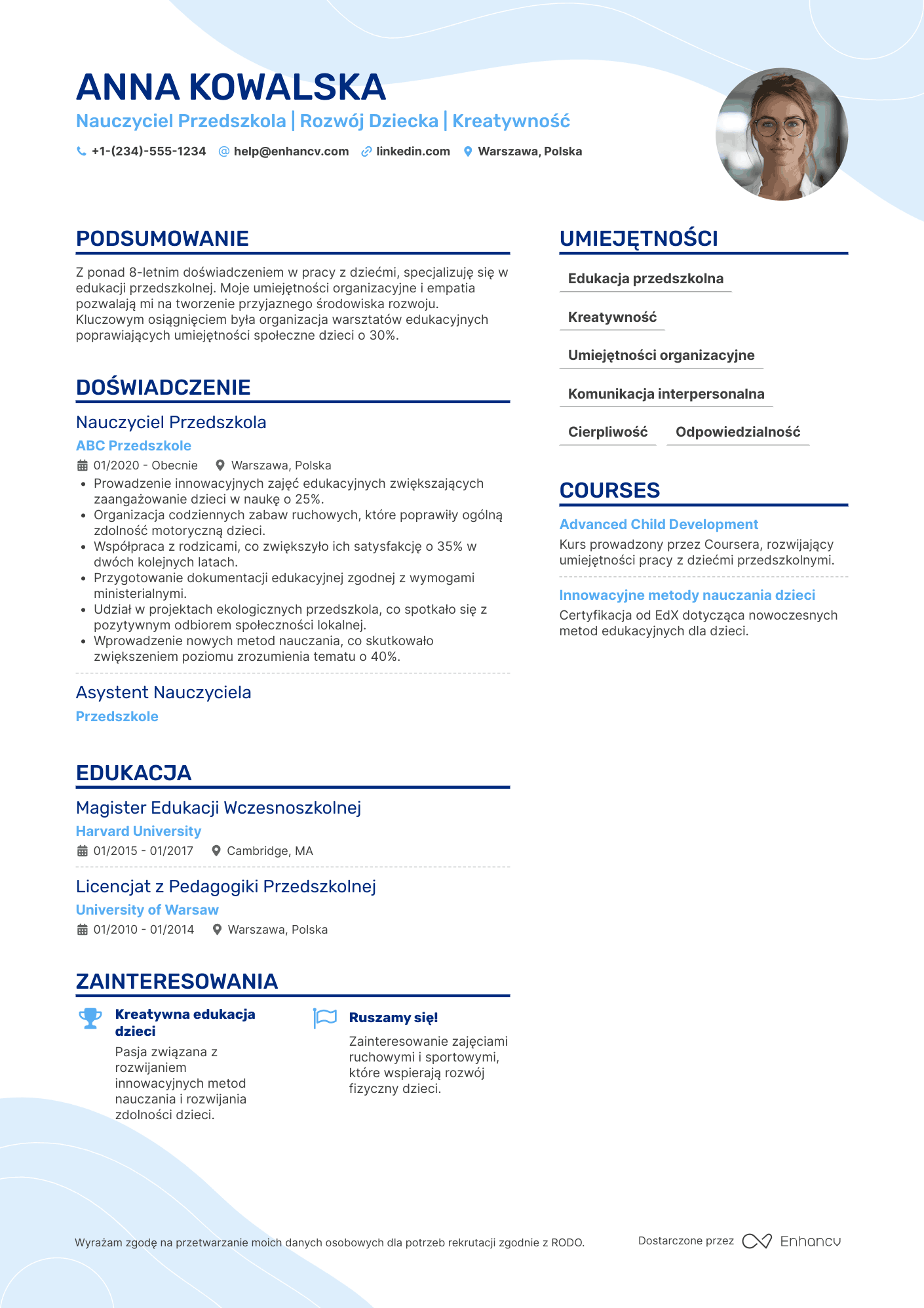 CV dla Nauczyciel Przedszkola Resume Example