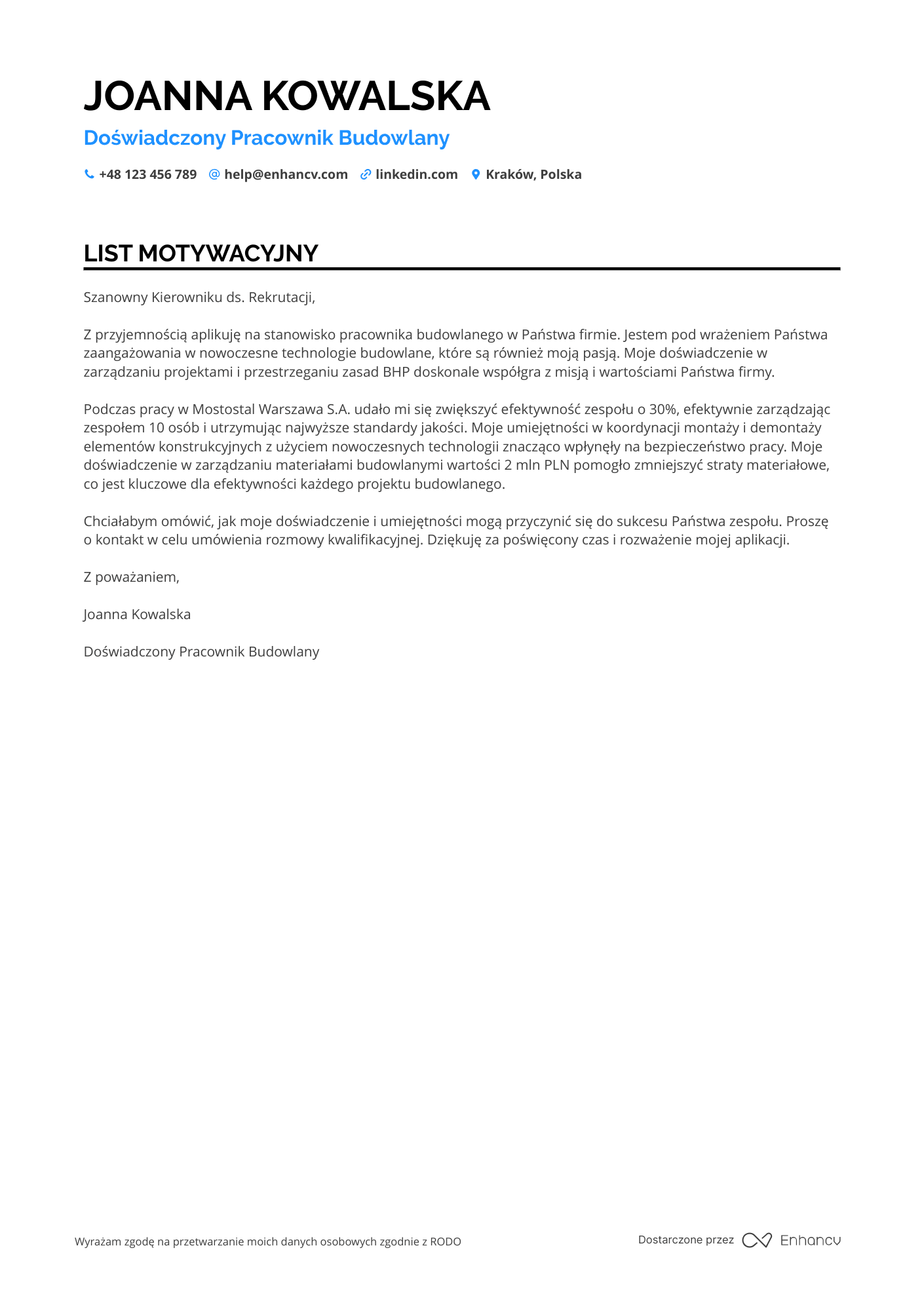 List motywacyjny dla Pracownik Budowlany Przemysłowy Resume Example