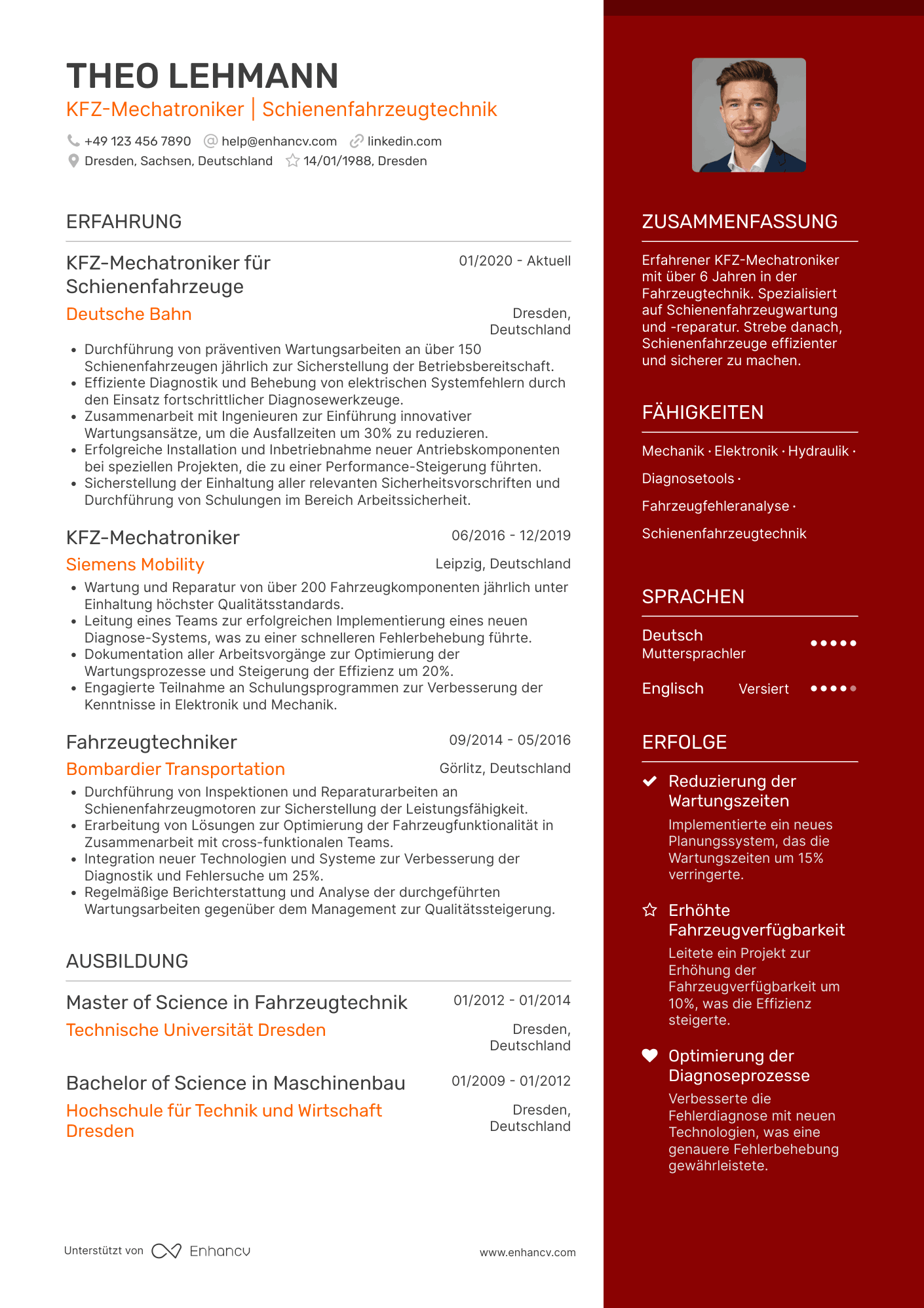 Lebenslauf als KFZ Mechatroniker für Schienenfahrzeuge Resume Example