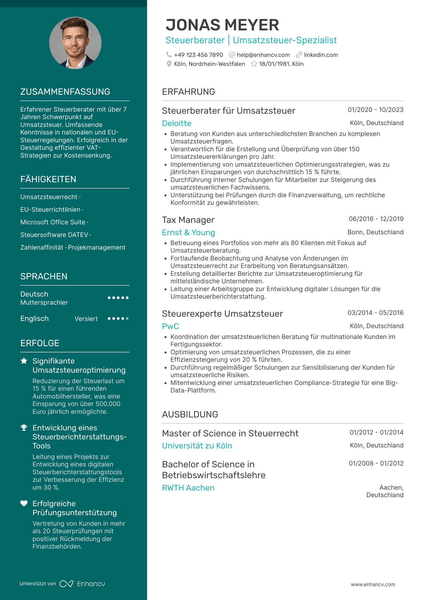 Lebenslauf als Steuerberater für Umsatzsteuer Resume Example