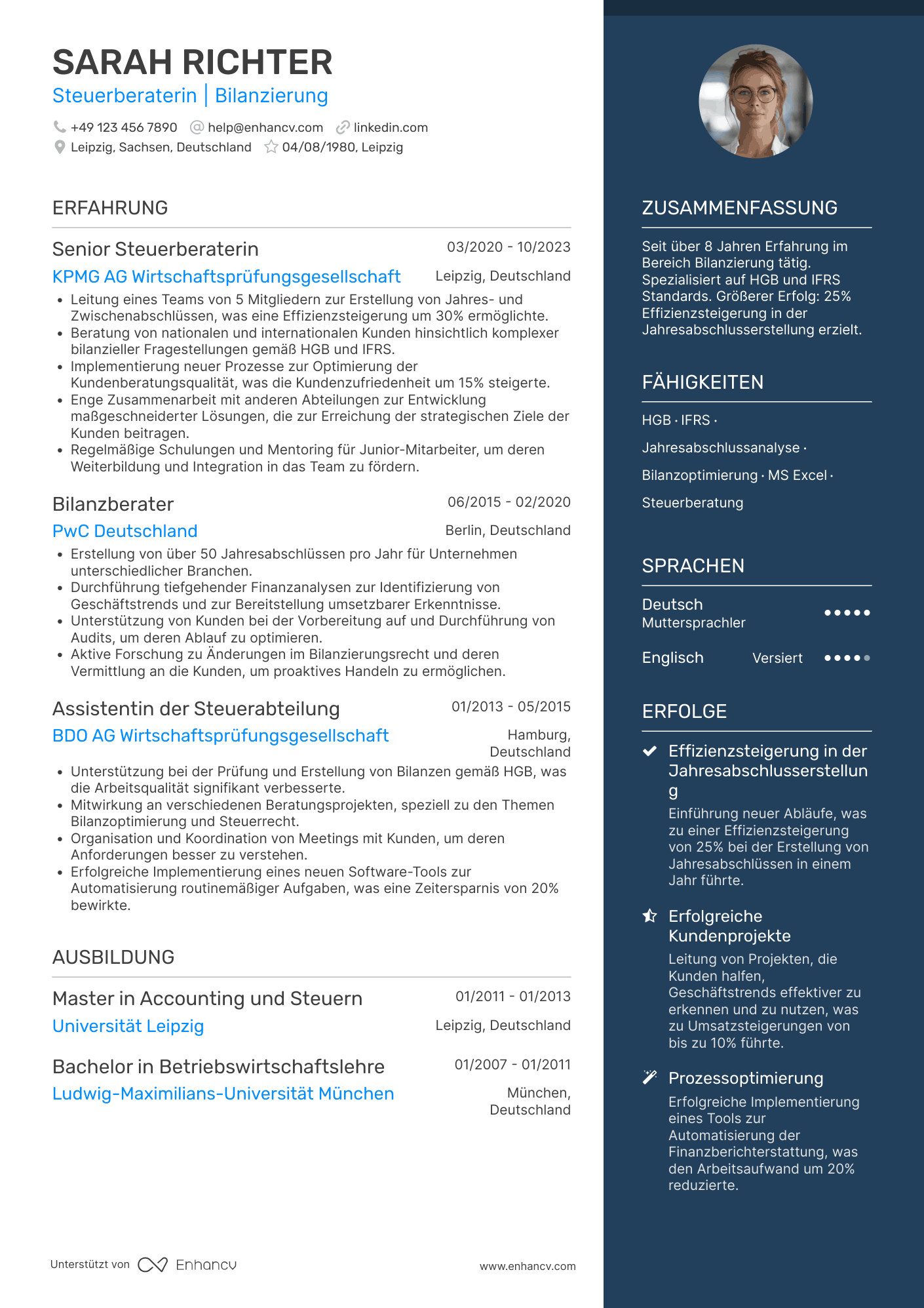 Lebenslauf als Steuerberater mit Schwerpunkt Bilanzierung Resume Example