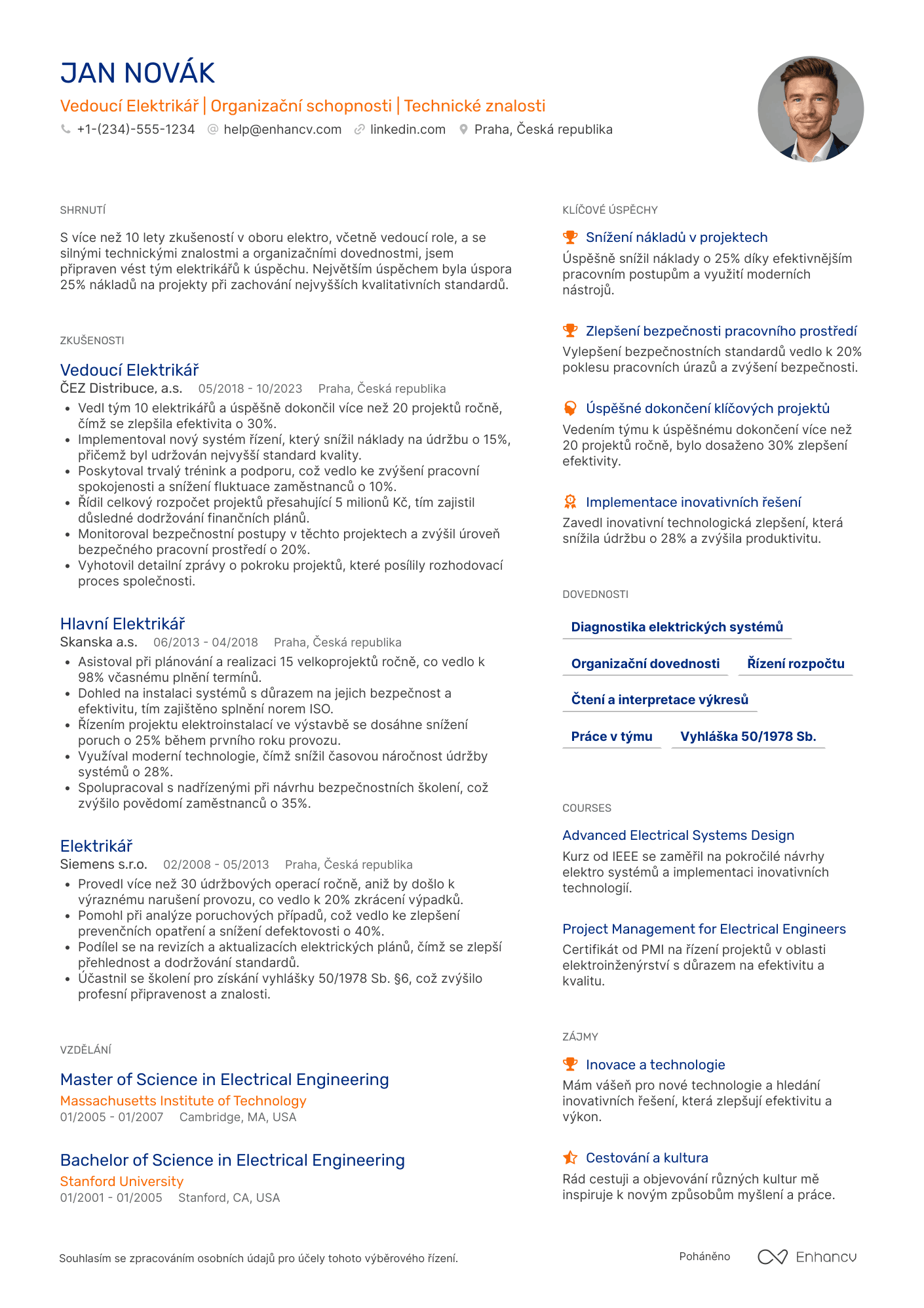 Životopis pro Vedoucí Elektrikář Resume Example