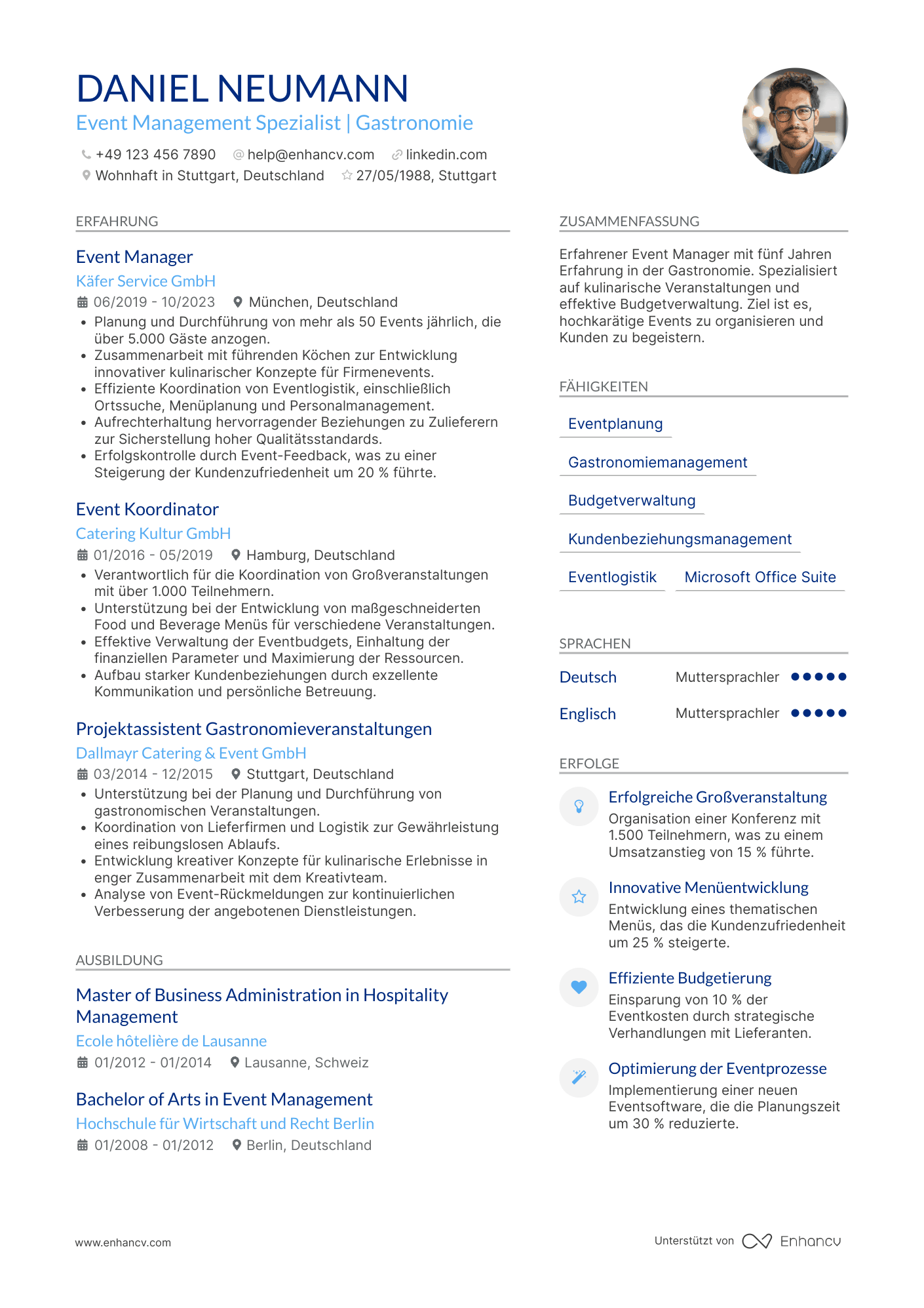 Lebenslauf in Gastronomie im Eventmanagement Resume Example