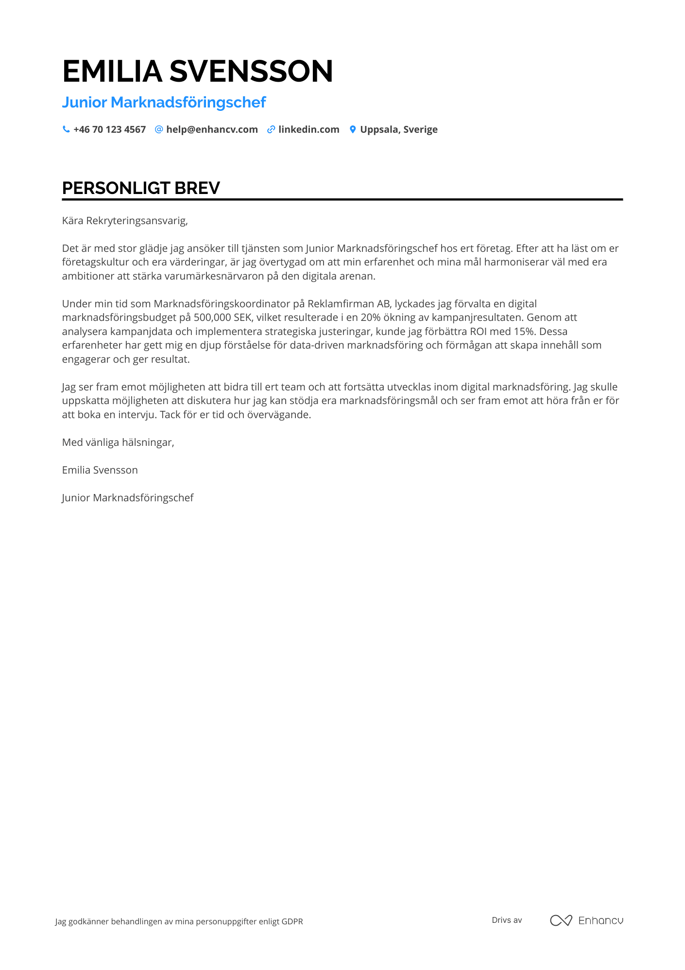 Personligt brev för Junior Marknadsföringschef Resume Example