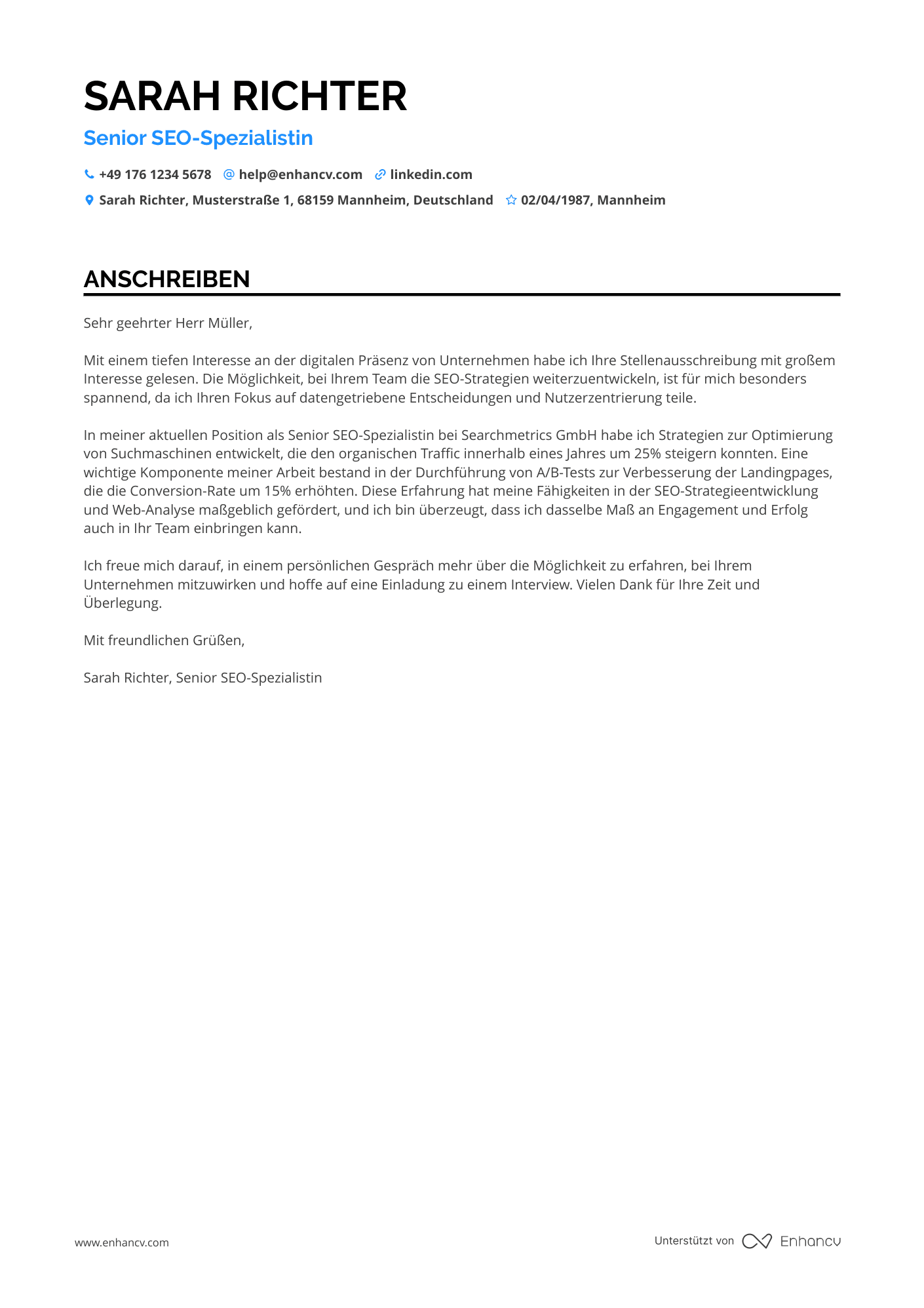 SEO Spezialist für User Experience Resume Example
