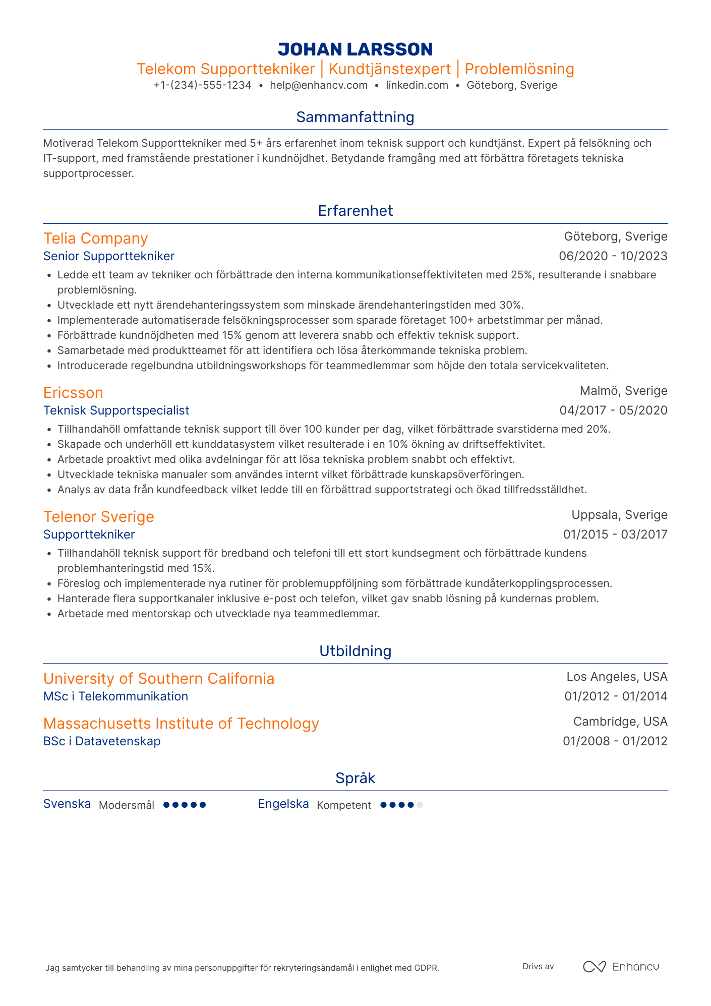 CV för Telekom Supporttekniker Resume Example