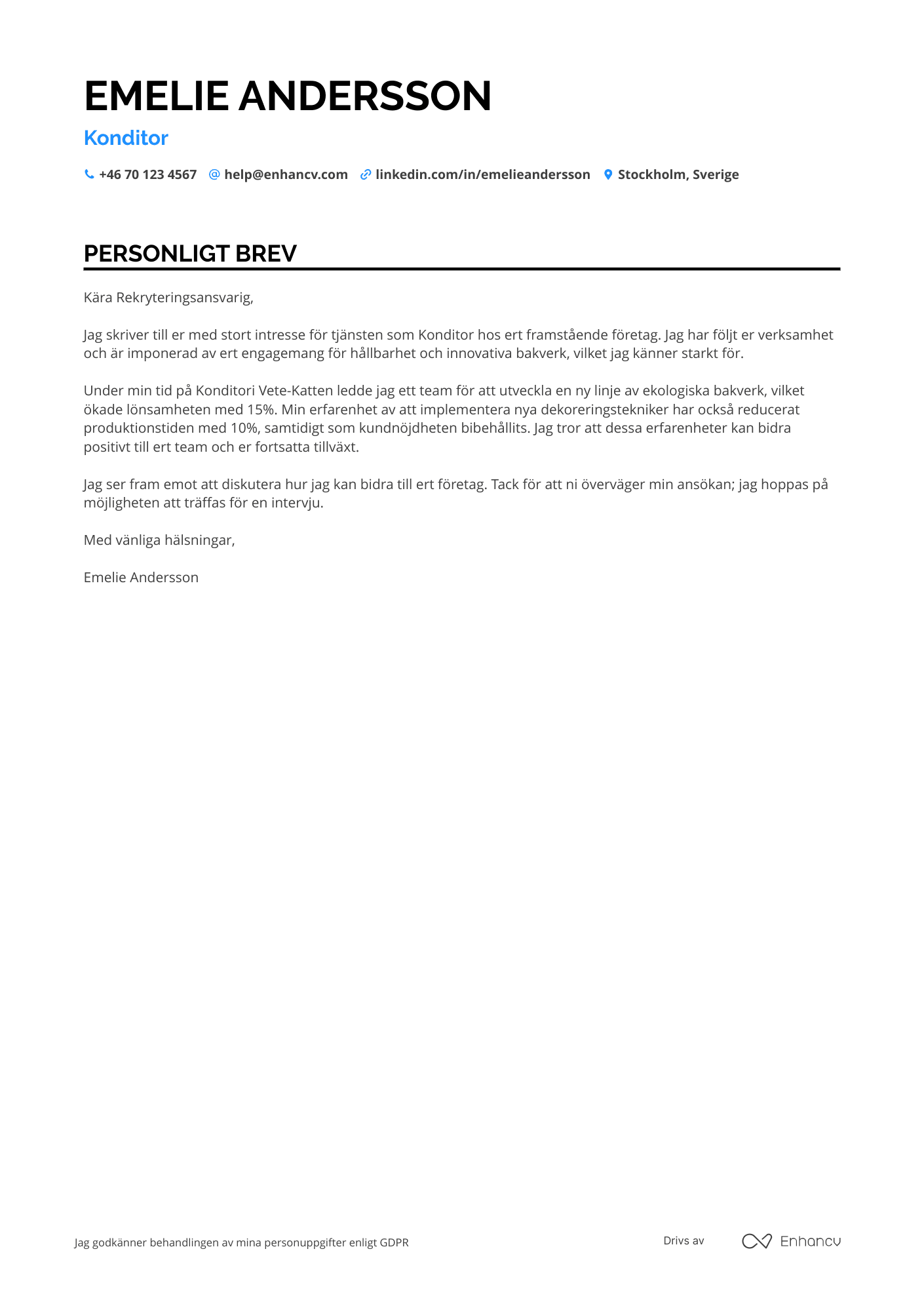 Personligt brev för Konditor Resume Example