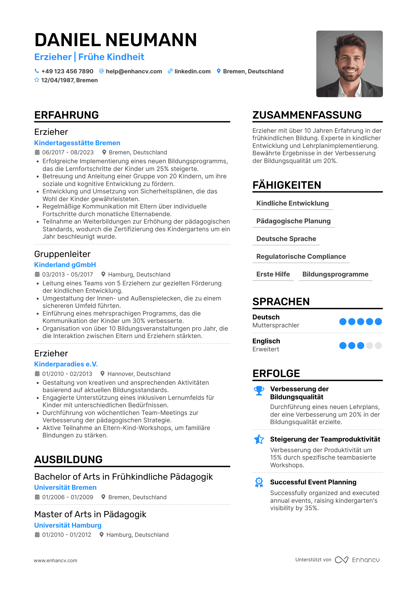 Lebenslauf als Erzieherin mit Berufserfahrung Resume Example