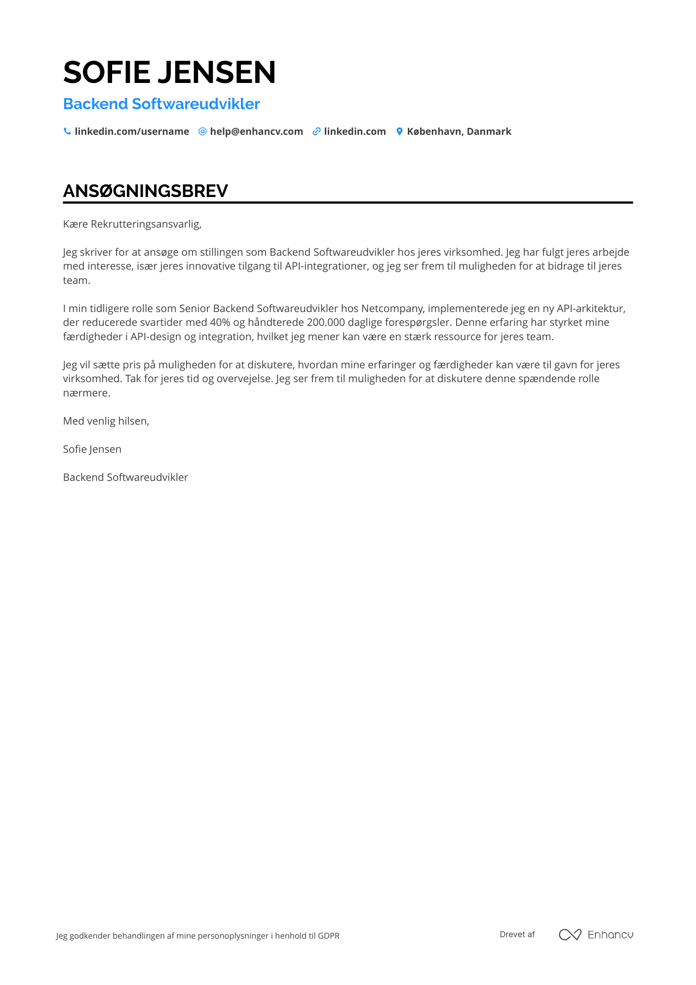 Ansøgningsbrev til Backend Softwareudvikler Resume Example