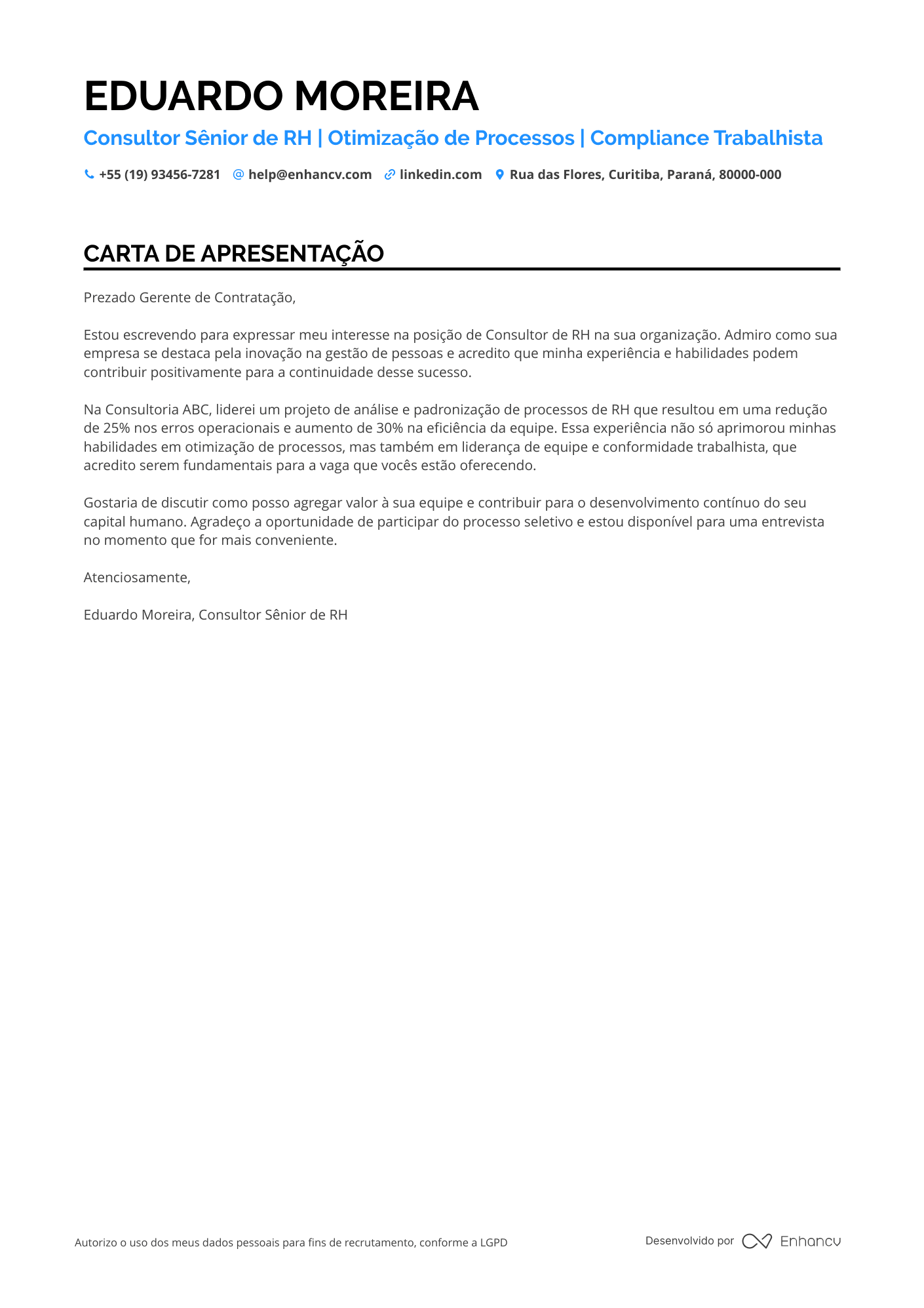 RH Sênior Resume Example