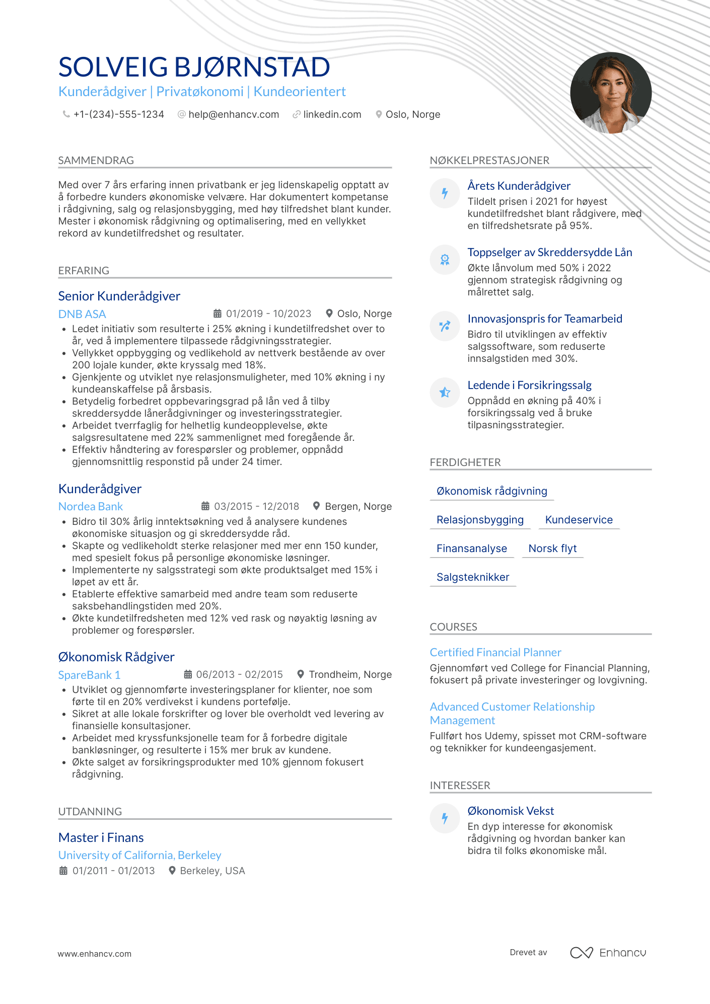 CV for Kunderådgiver i Privatbank Resume Example