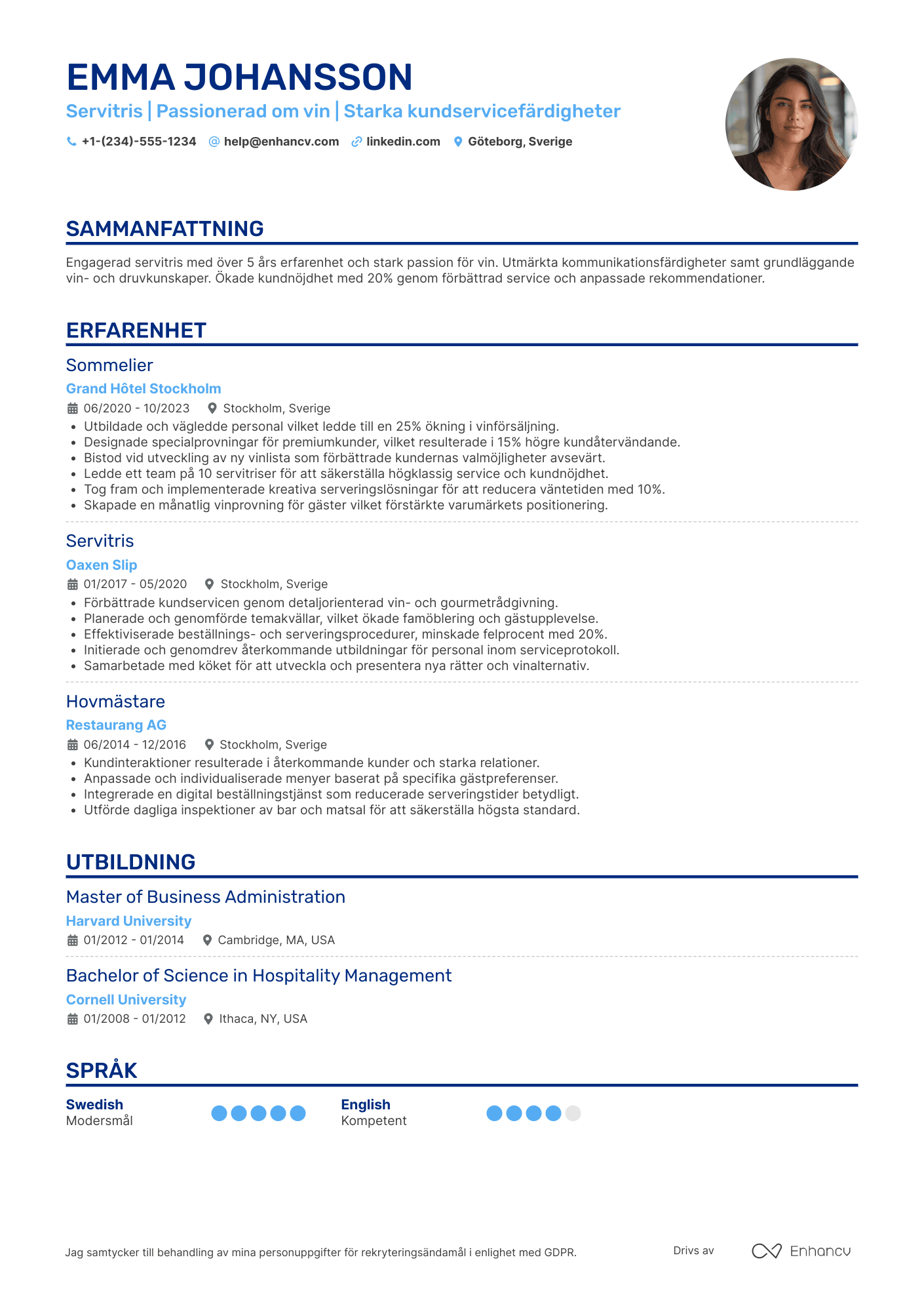 CV för Wine Bar Servitris Resume Example