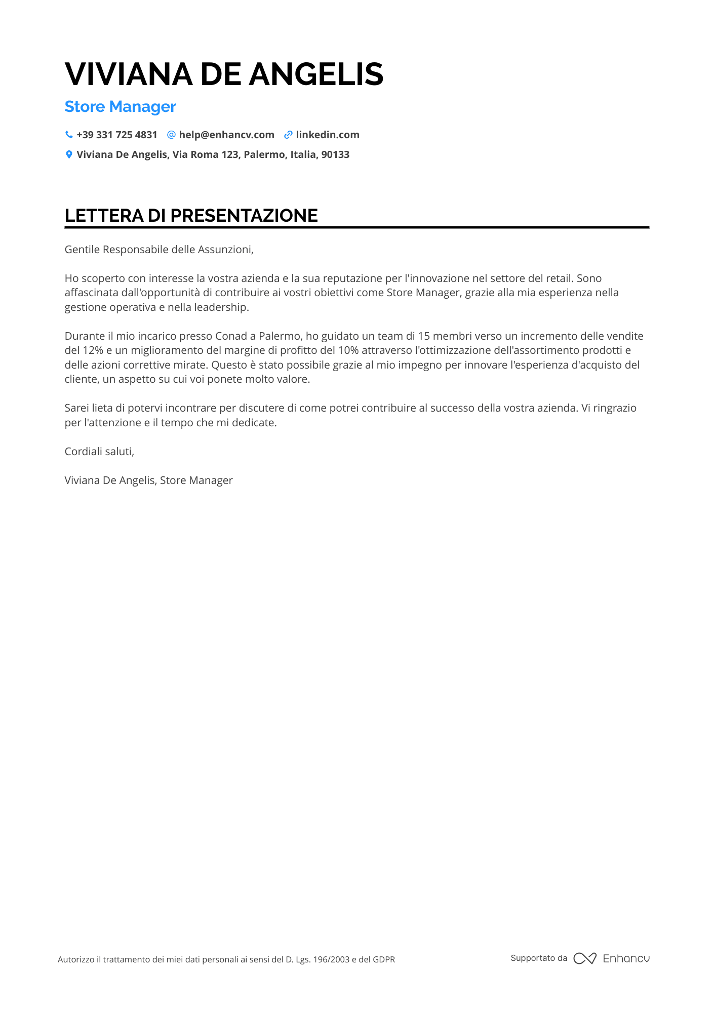 Direttore di Supermercato Resume Example