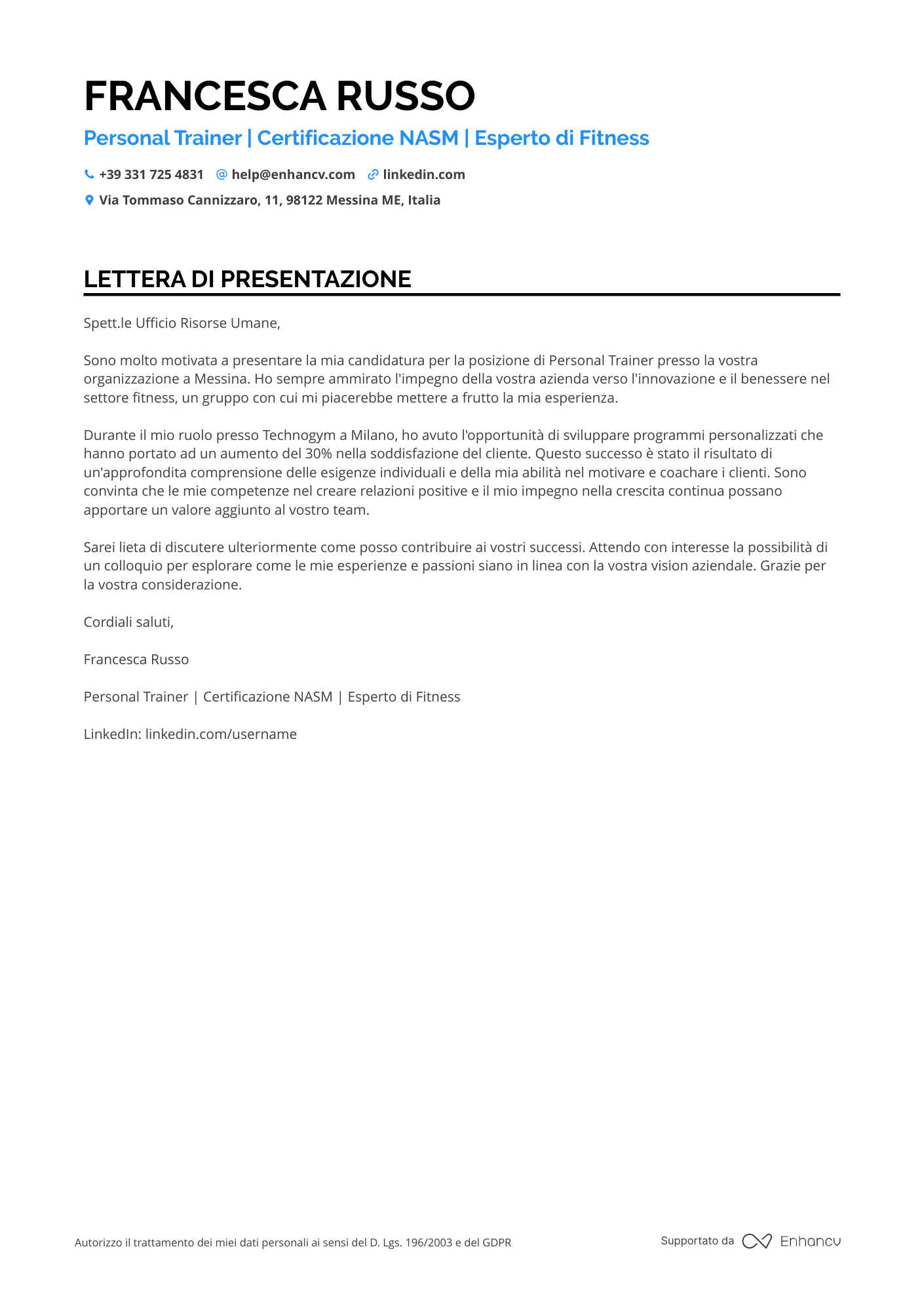 Personal Trainer Senza Esperienza Resume Example