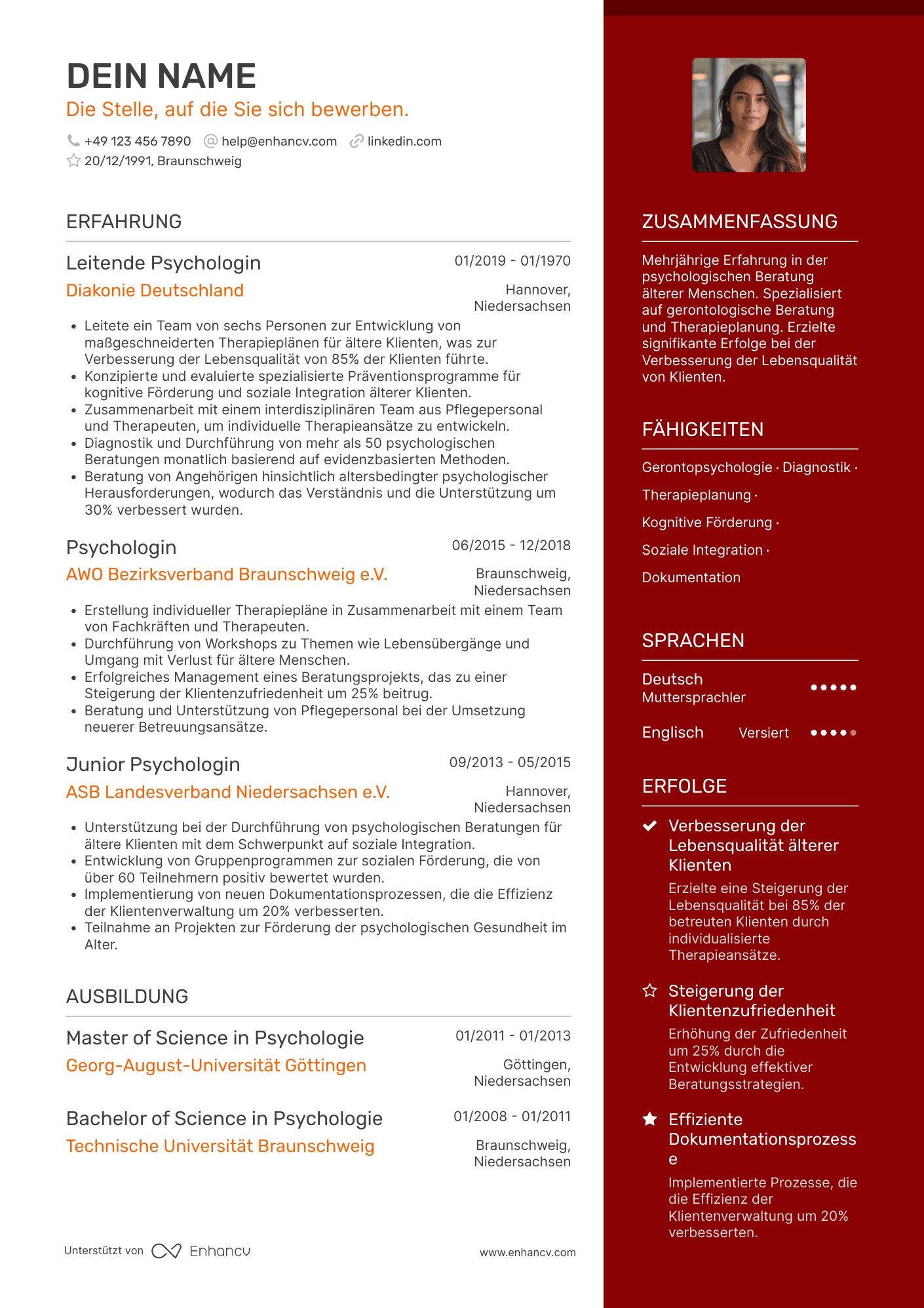 Lebenslauf als Psychologe mit Spezialisierung auf gerontologische Beratung Resume Example