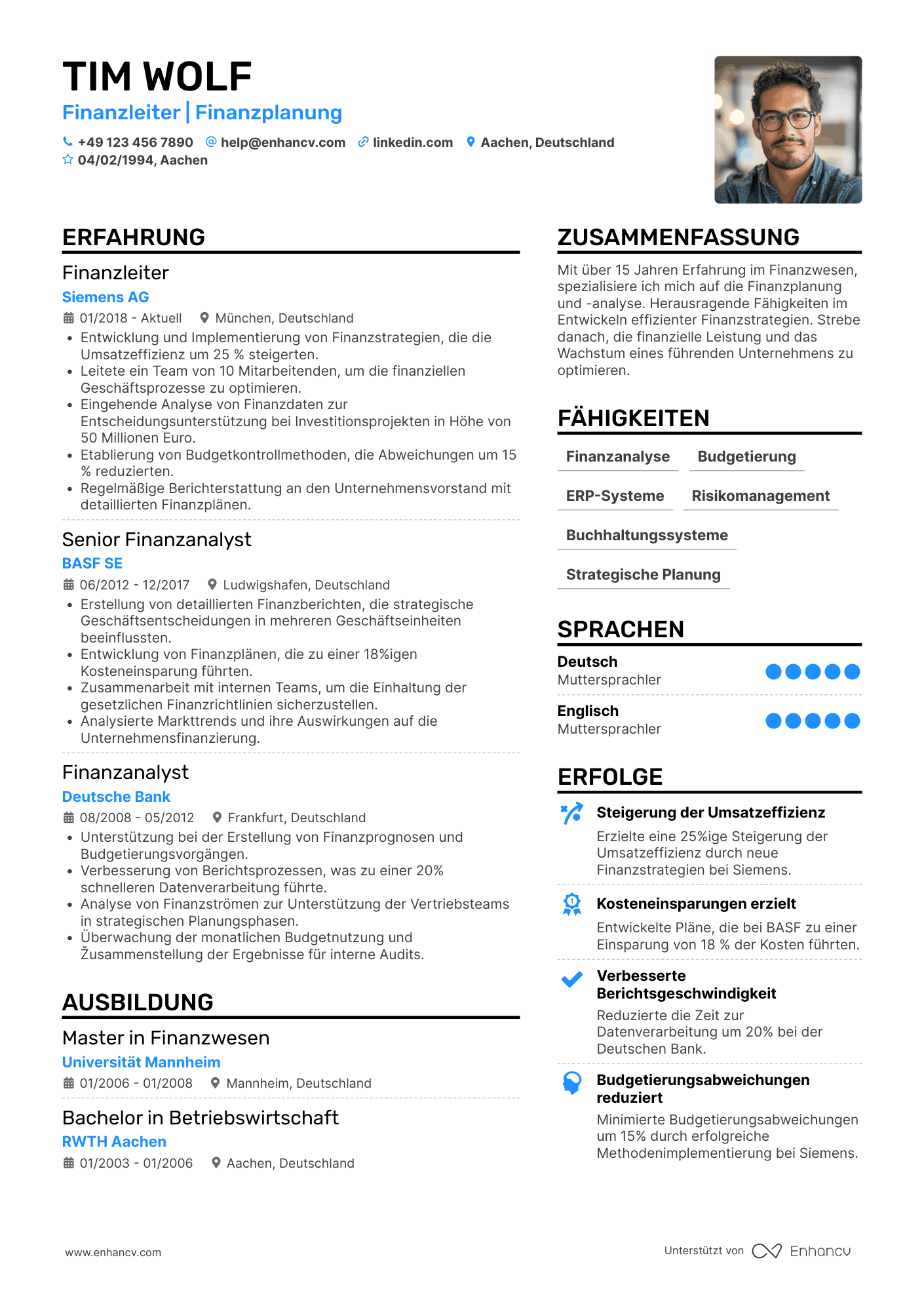 Lebenslauf als Finanzvorstand für Finanzplanung Resume Example