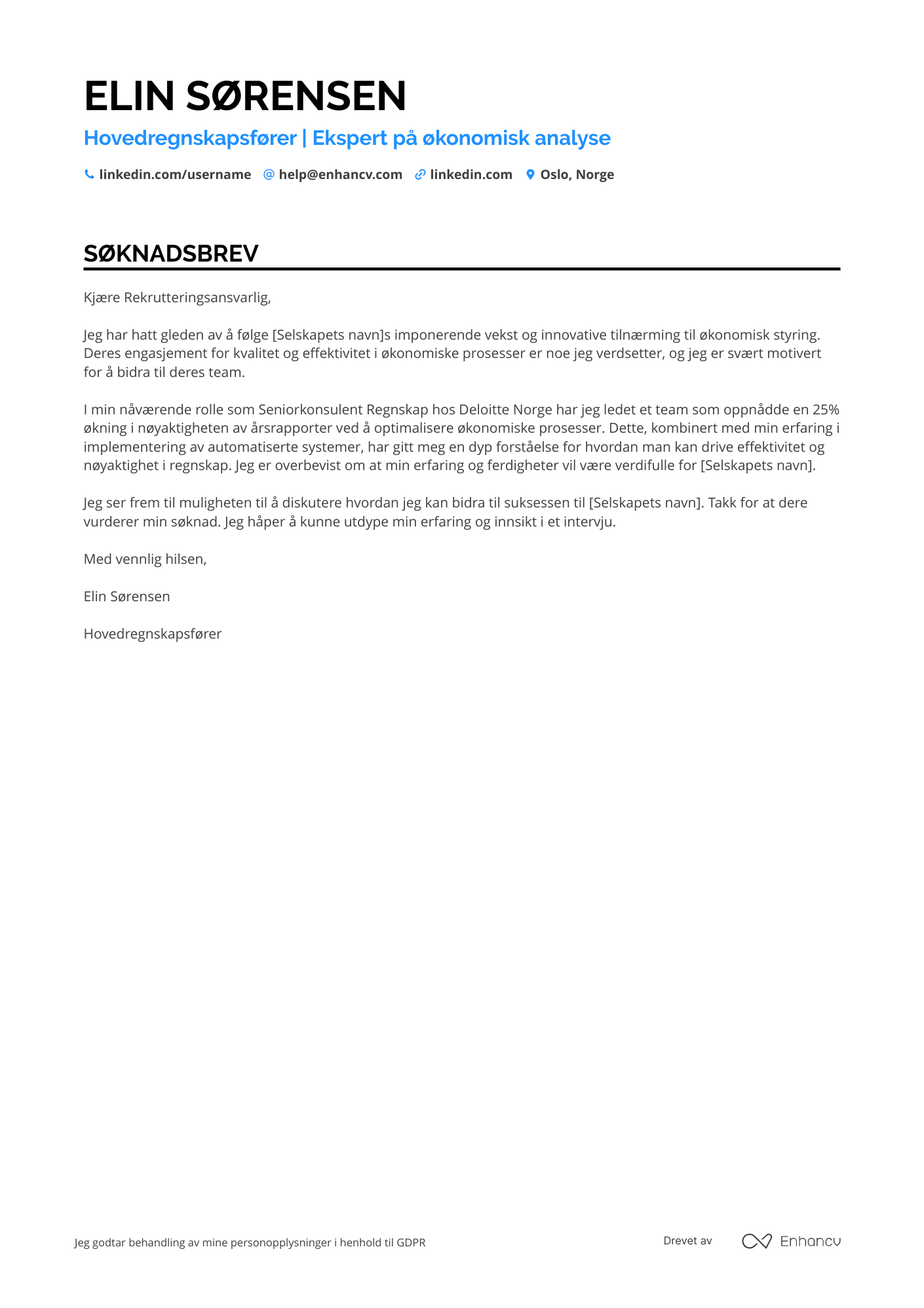 Søknadsbrev for Hovedregnskapsfører Resume Example