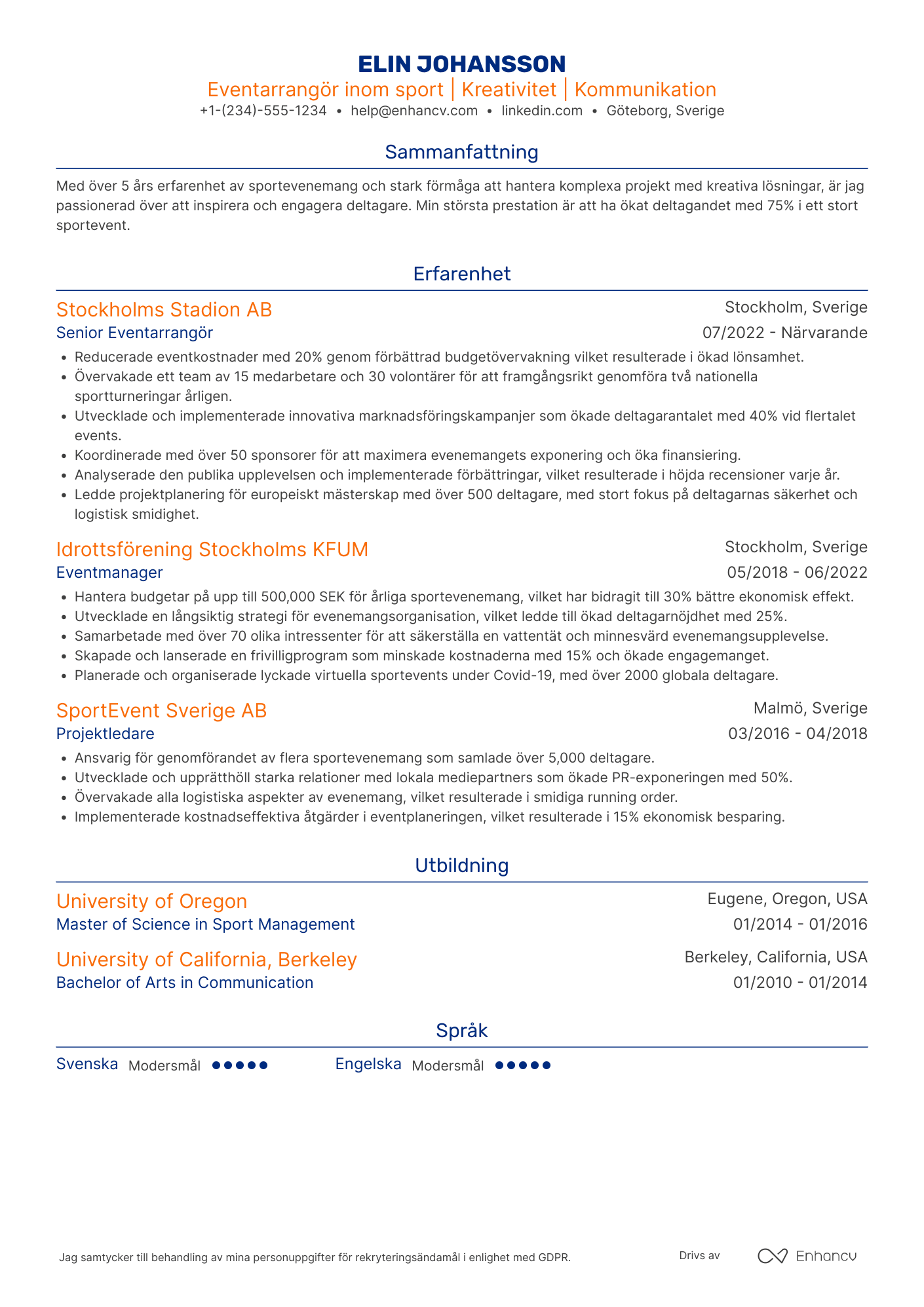 CV för Eventarrangör inom sport Resume Example