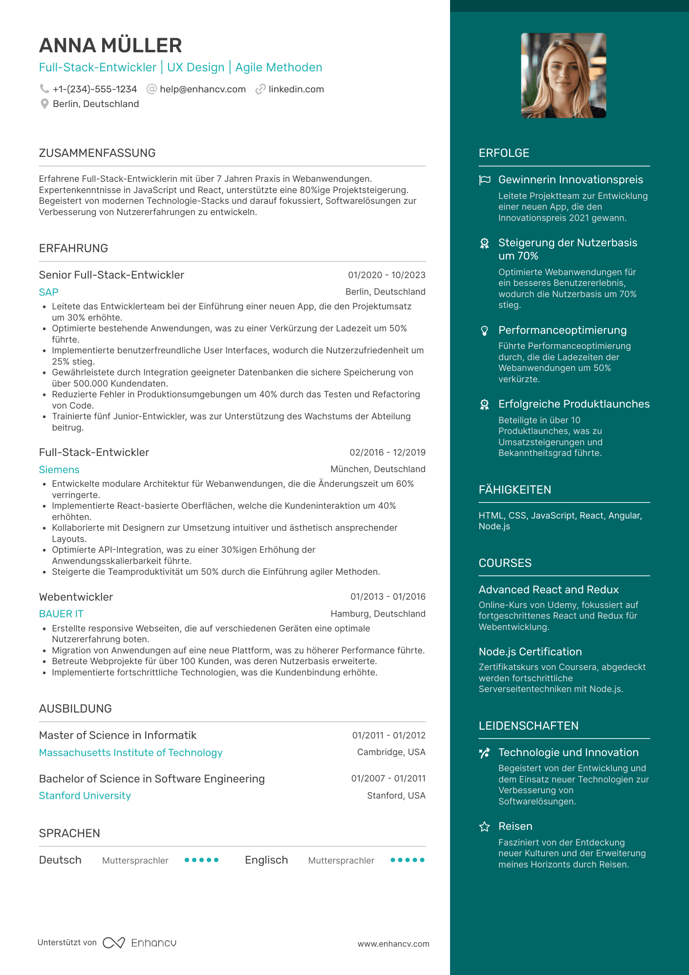 Lebenslauf Full Stack Entwickler Resume Example